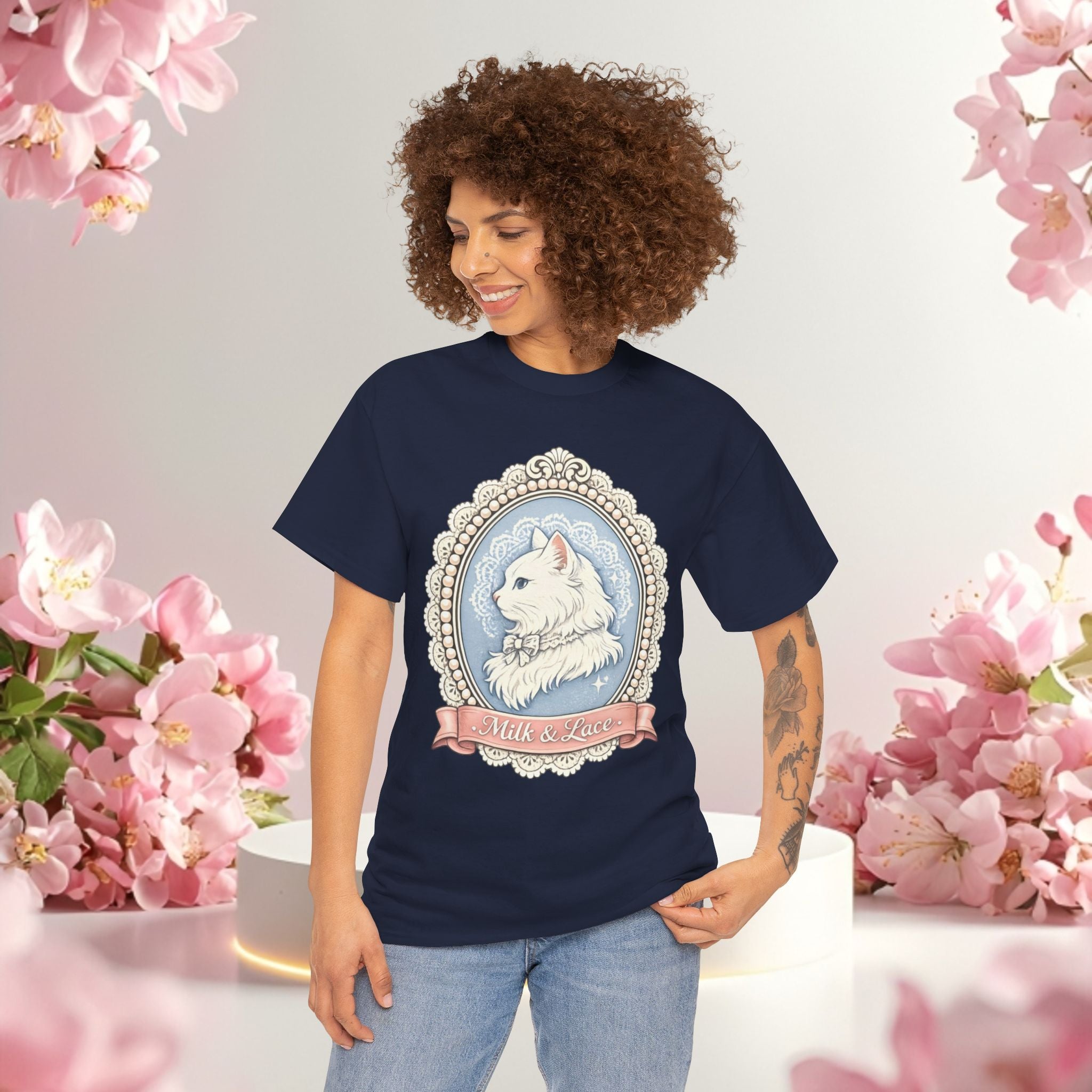 Cute Girly Cat T-Shirt — Soft Pastel Cat Graphic Tee for Cat Lovers
