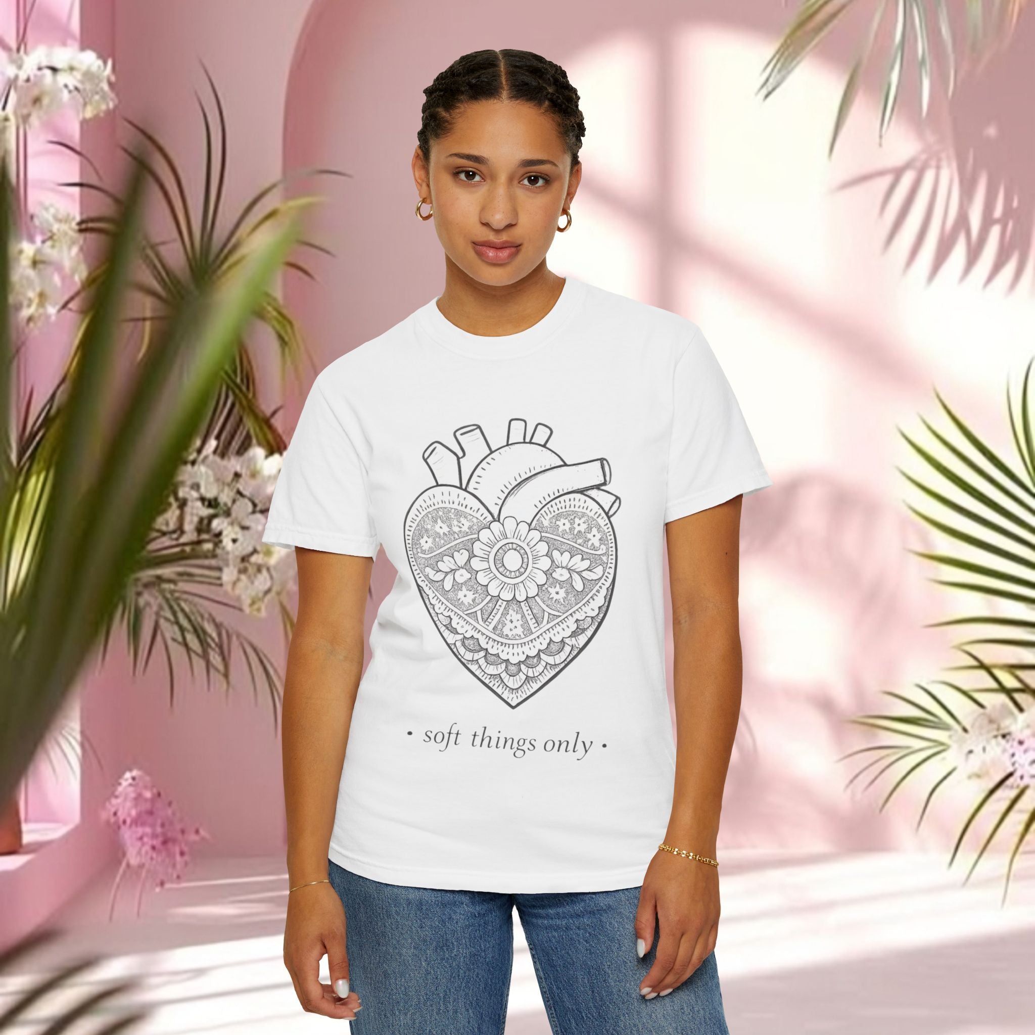 Lace Heart Anatomical Tee — "soft things only" Cotton T-Shirt
