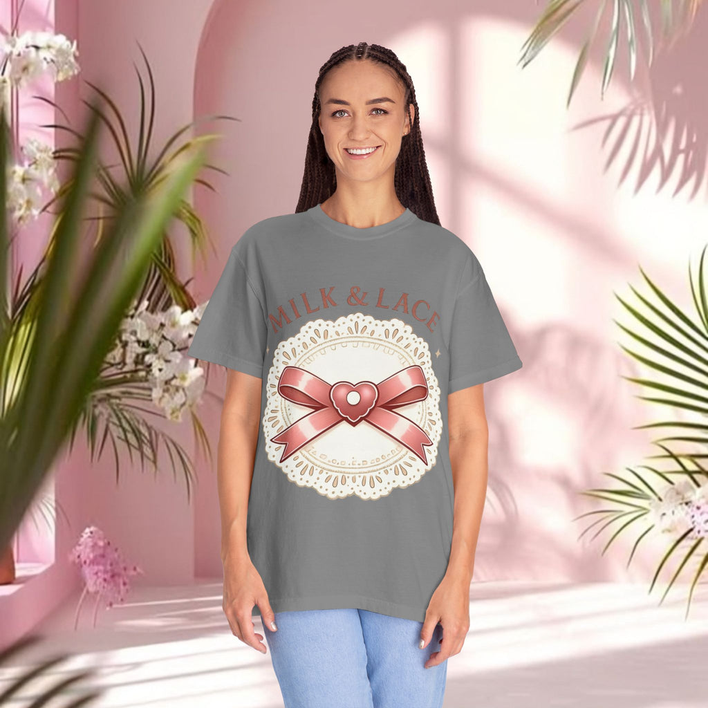 Milk & Lace Graphic T-Shirt — 'Soft Things Only' Romantic Bow Tee