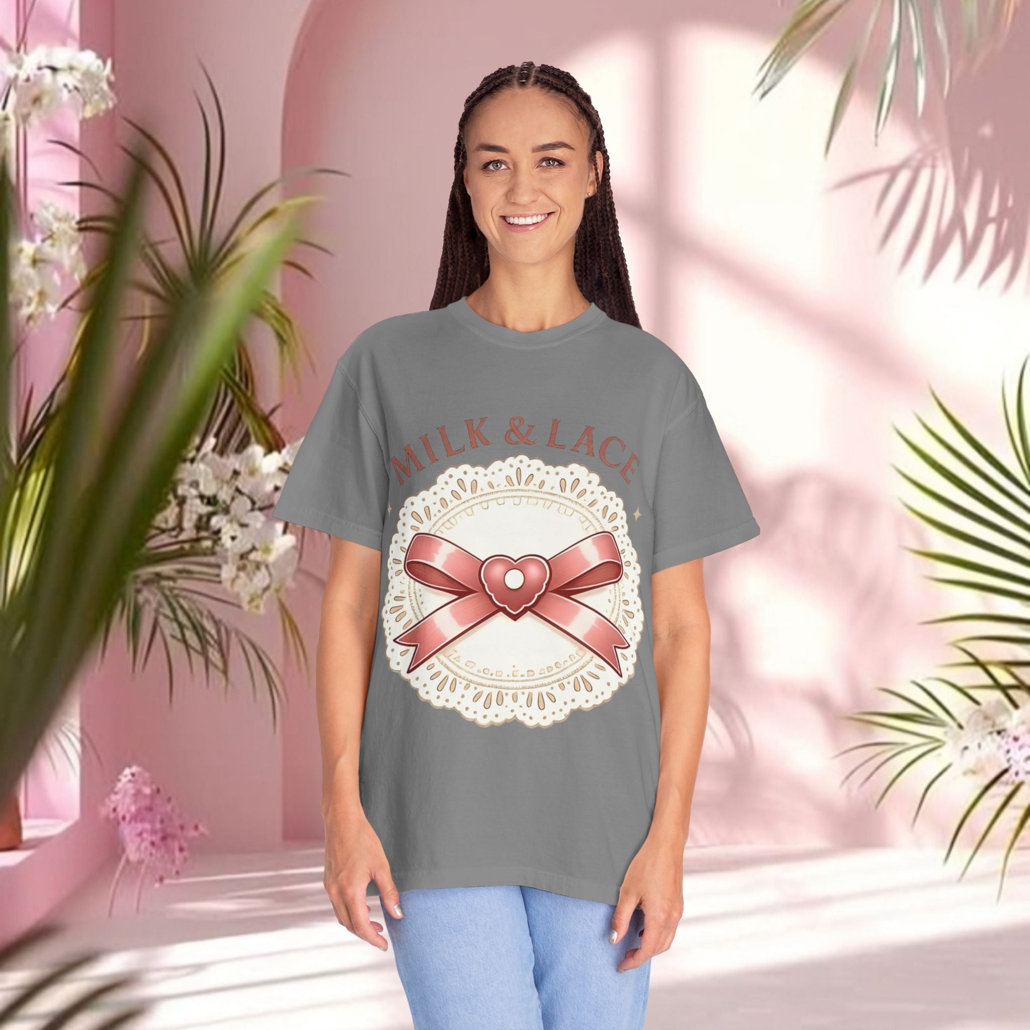Milk & Lace Graphic T-Shirt — 'Soft Things Only' Romantic Bow Tee