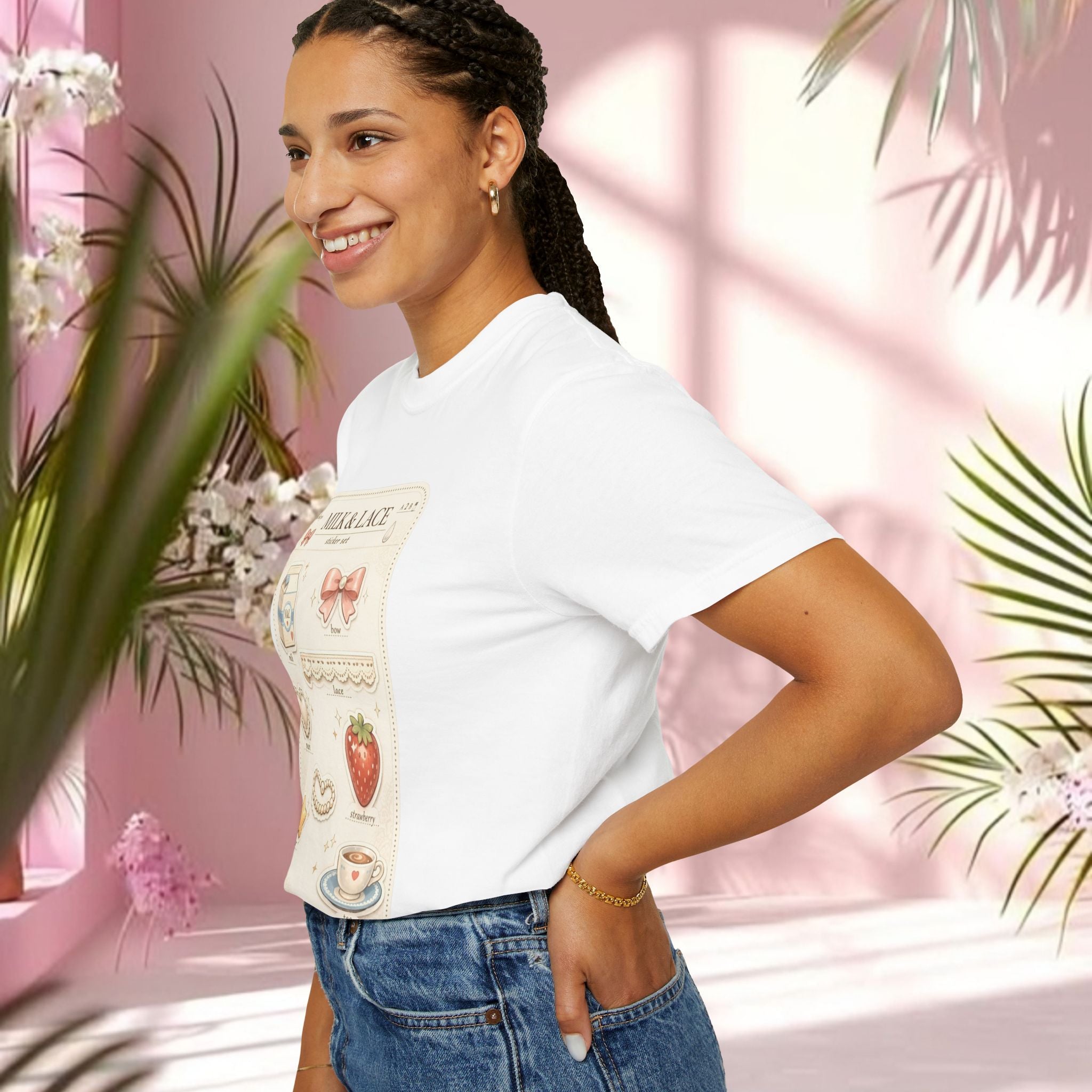 Milk & Lace Cute Pastel Sticker Tee — Strawberry Tea Graphic T-Shirt