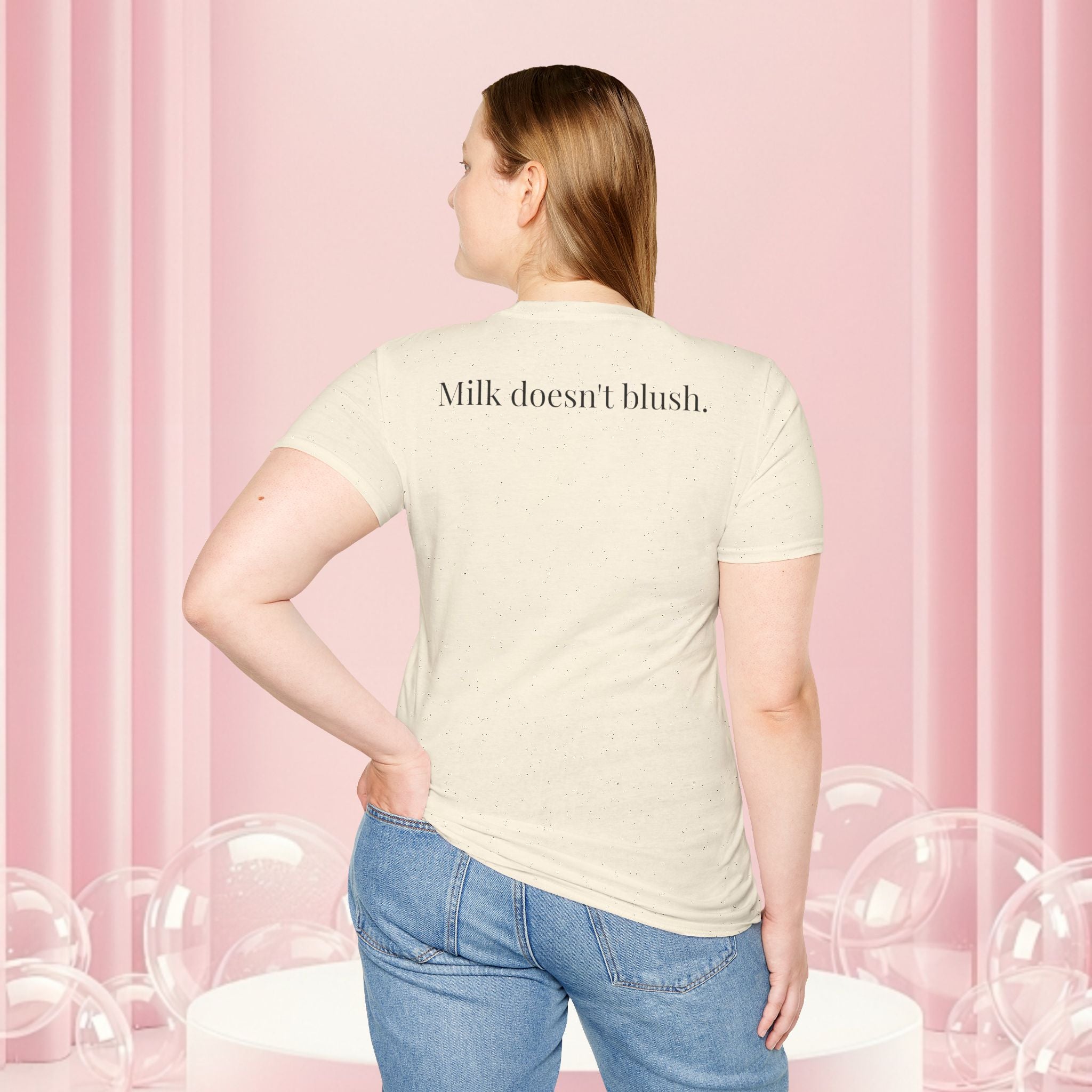 Milk & Lace T-Shirt — Vintage Milk Bottle Graphic with “Milk doesn't blush.” Back Text