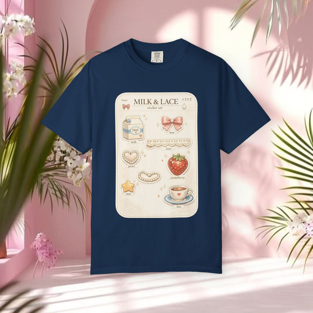 Milk & Lace Cute Pastel Sticker Tee — Strawberry Tea Graphic T-Shirt