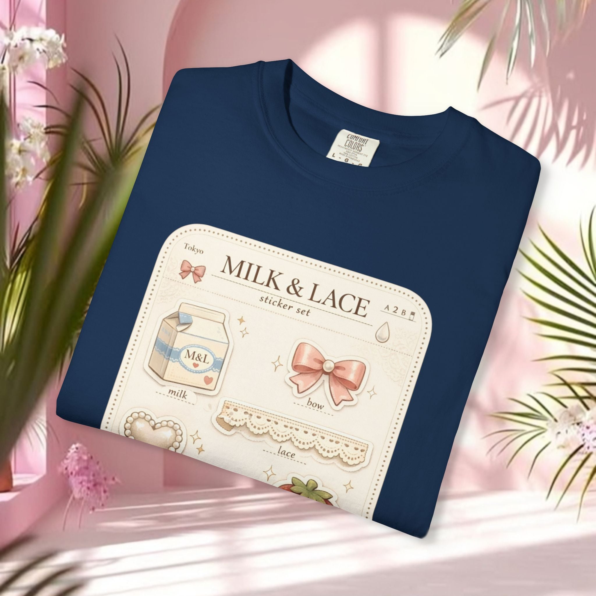 Milk & Lace Cute Pastel Sticker Tee — Strawberry Tea Graphic T-Shirt