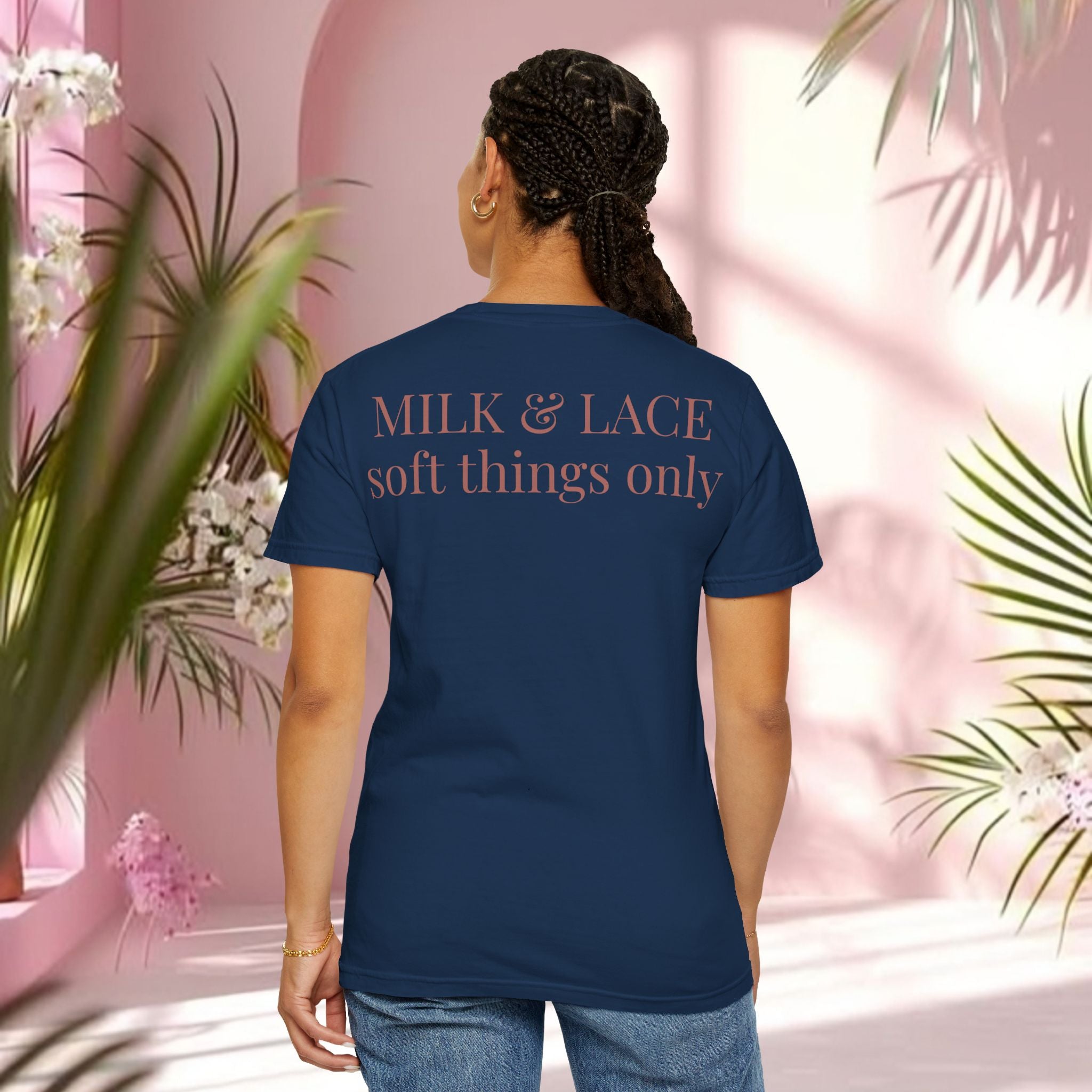 Milk & Lace Graphic T-Shirt — 'Soft Things Only' Romantic Bow Tee