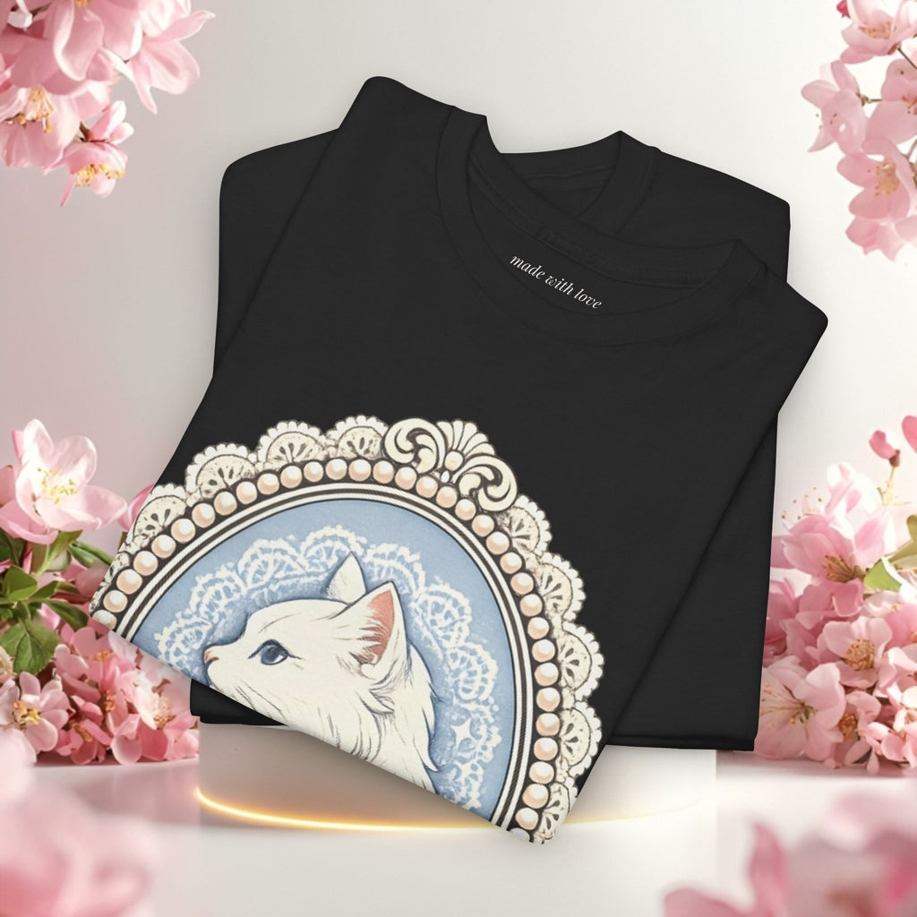 Cute Girly Cat T-Shirt — Soft Pastel Cat Graphic Tee for Cat Lovers