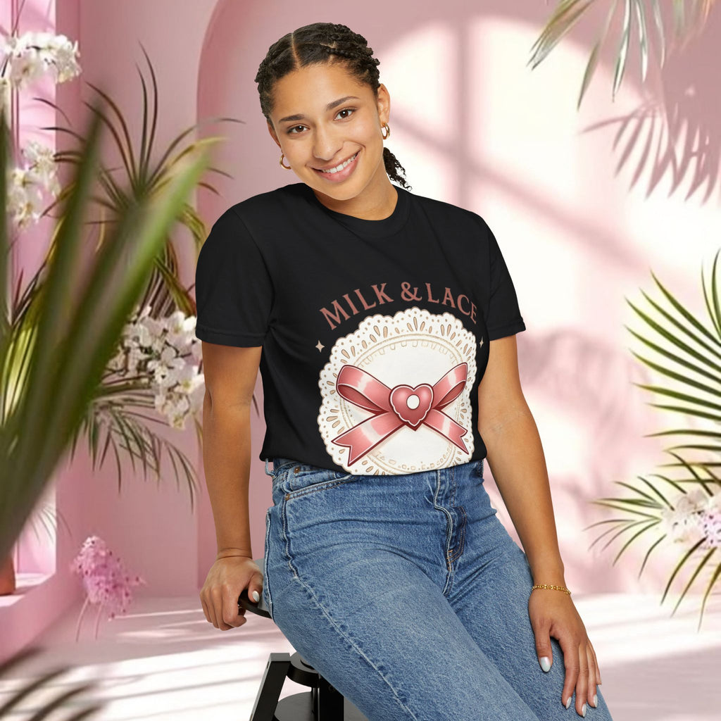 Milk & Lace Graphic T-Shirt — 'Soft Things Only' Romantic Bow Tee