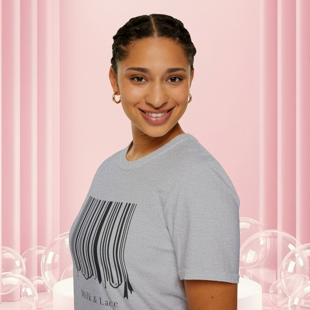 Milk & Lace Barcode Tee — “Delicate, Not Harmless.” Graphic T-Shirt