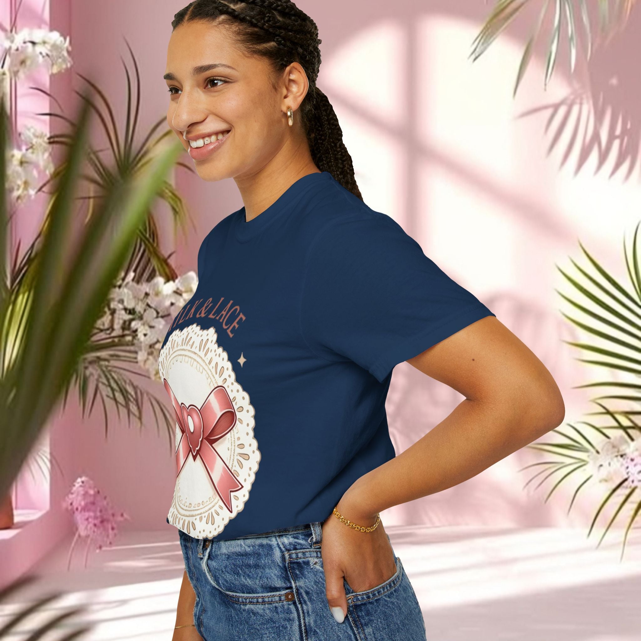 Milk & Lace Graphic T-Shirt — 'Soft Things Only' Romantic Bow Tee
