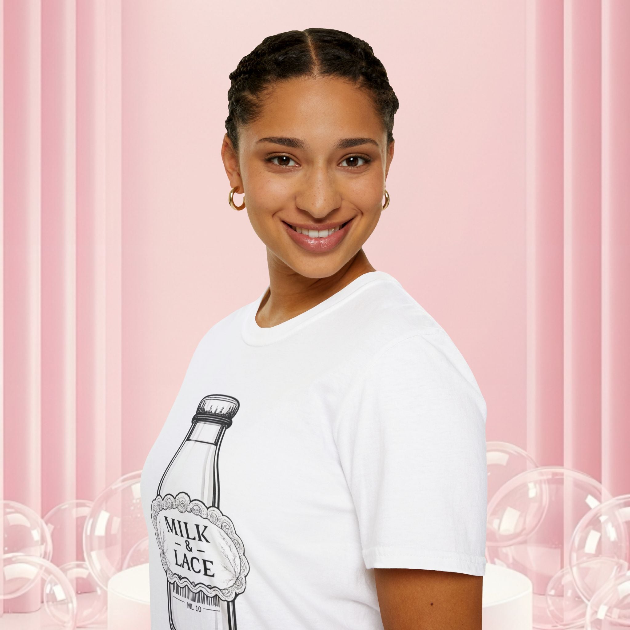 Milk & Lace T-Shirt — Vintage Milk Bottle Graphic with “Milk doesn't blush.” Back Text