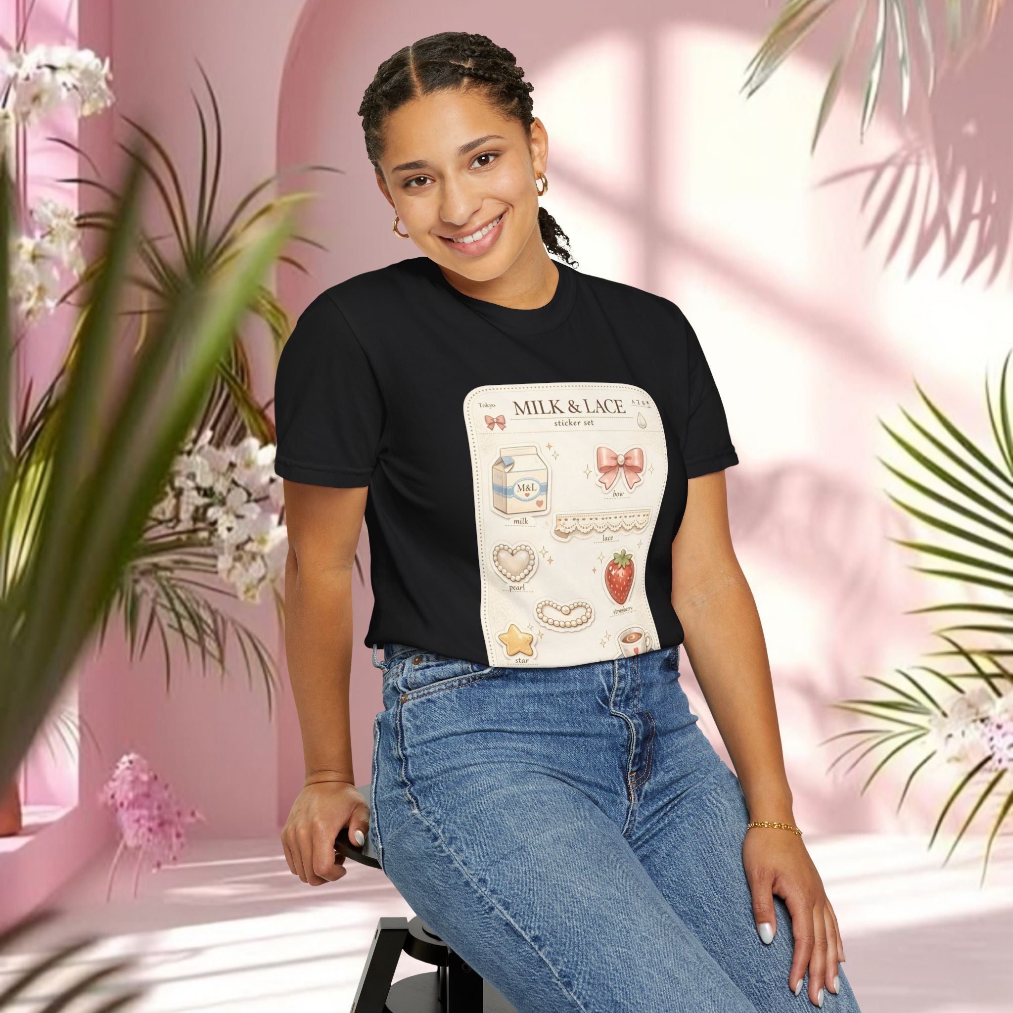 Milk & Lace Cute Pastel Sticker Tee — Strawberry Tea Graphic T-Shirt