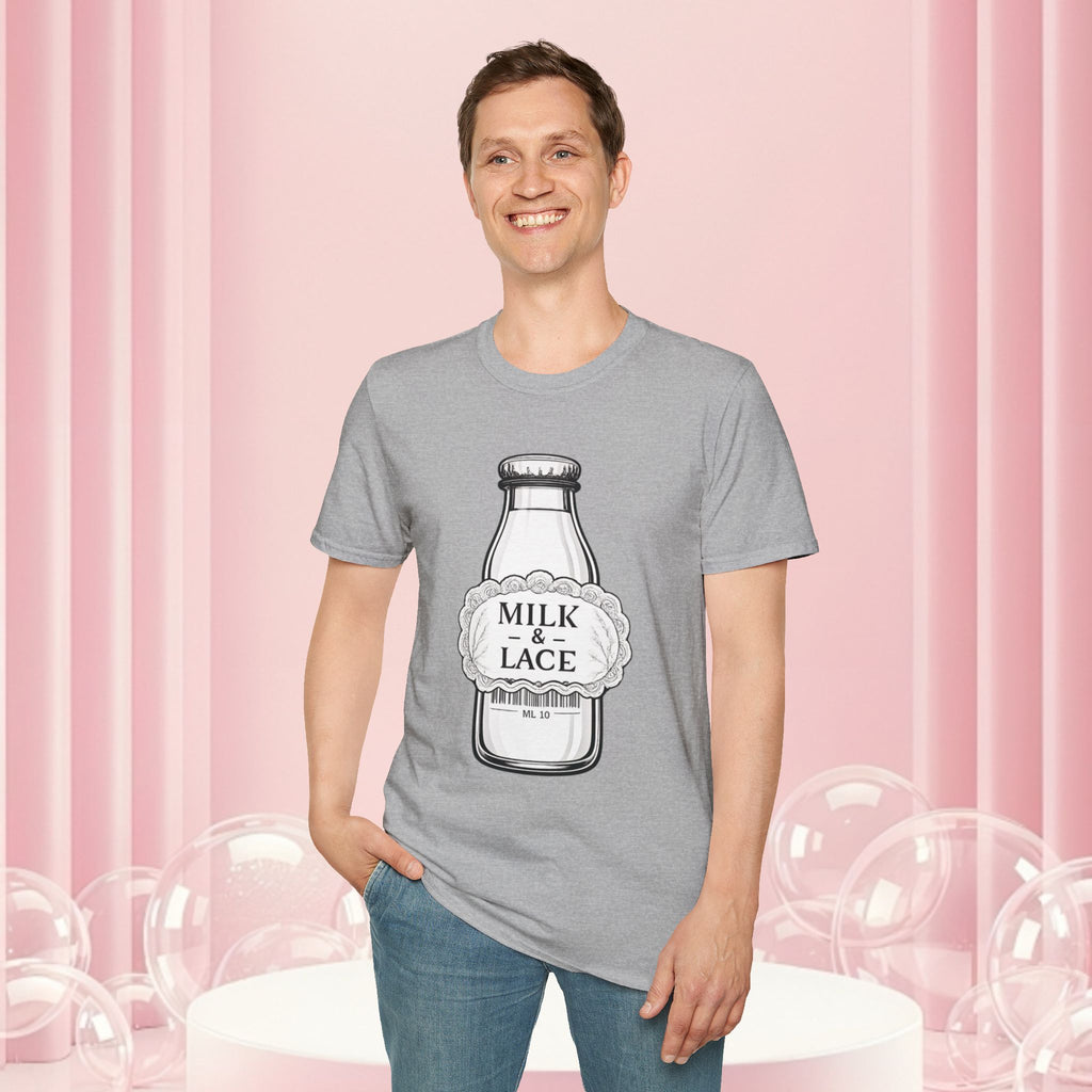 Milk & Lace T-Shirt — Vintage Milk Bottle Graphic with “Milk doesn't blush.” Back Text