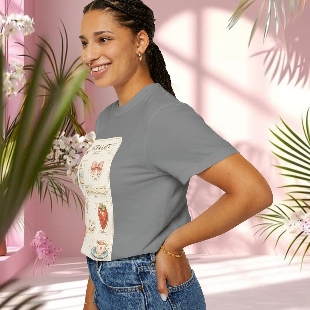 Milk & Lace Cute Pastel Sticker Tee — Strawberry Tea Graphic T-Shirt