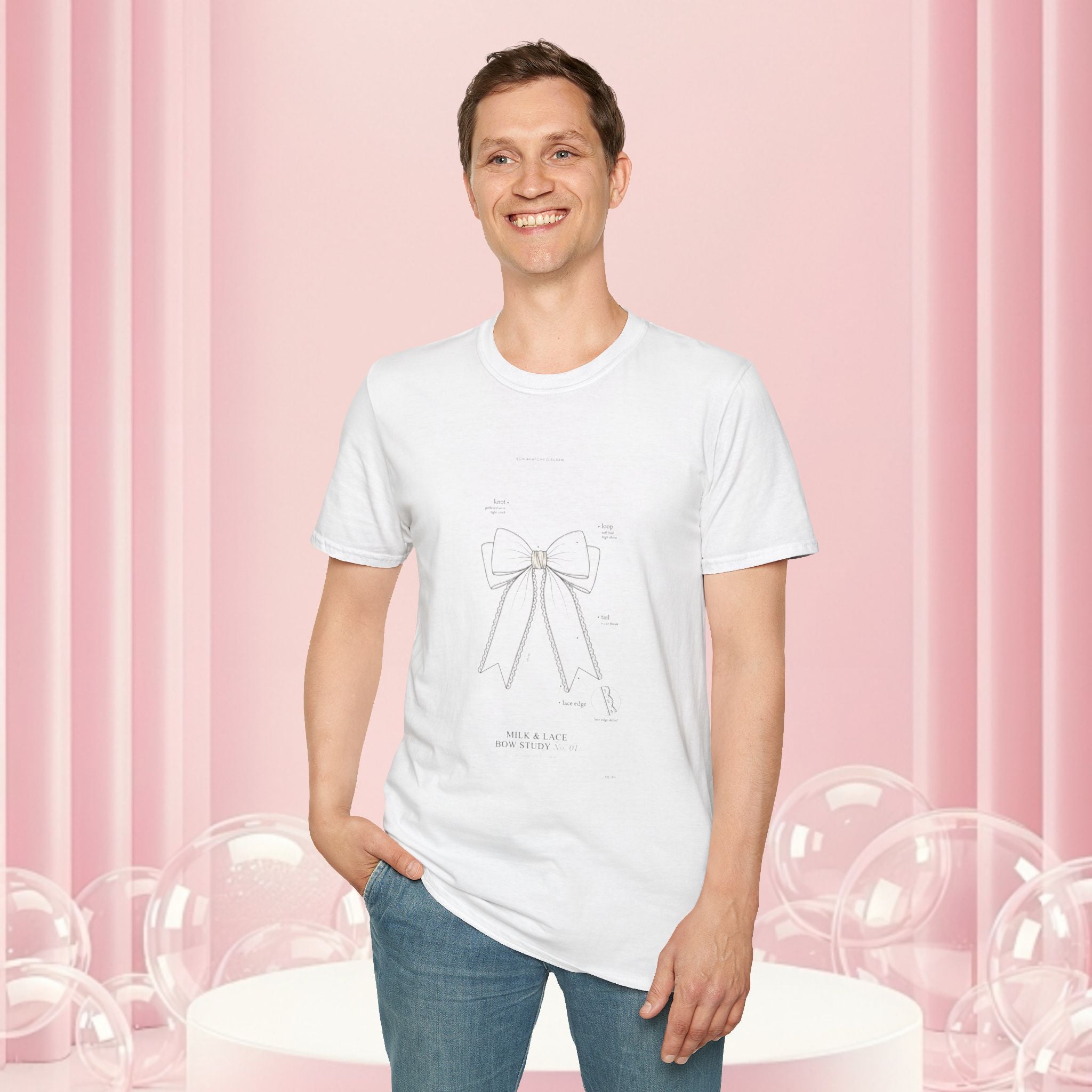 Minimal Bow Graphic T-Shirt — Delicate Ribbon Illustration with Subtle Back Text — Casual Feminine Tee