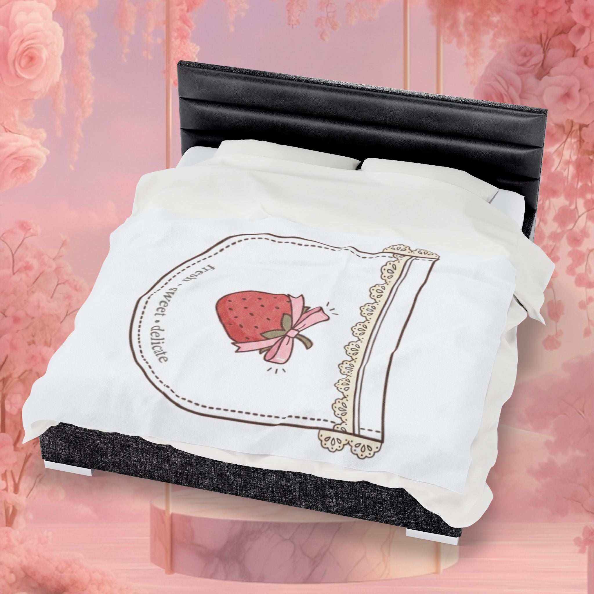 Strawberry Whimsy Velveteen Plush Blanket — Gentle, Whimsical Strawberry Design