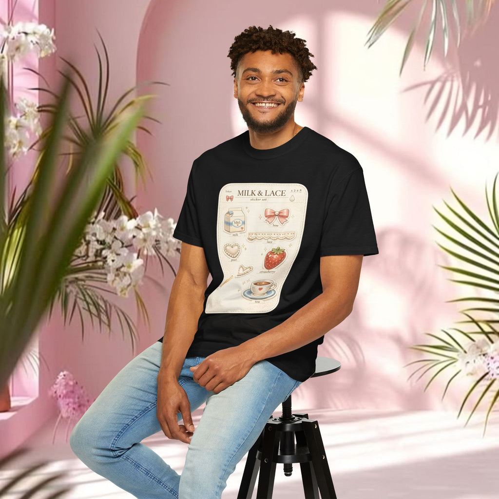 Milk & Lace Cute Pastel Sticker Tee — Strawberry Tea Graphic T-Shirt