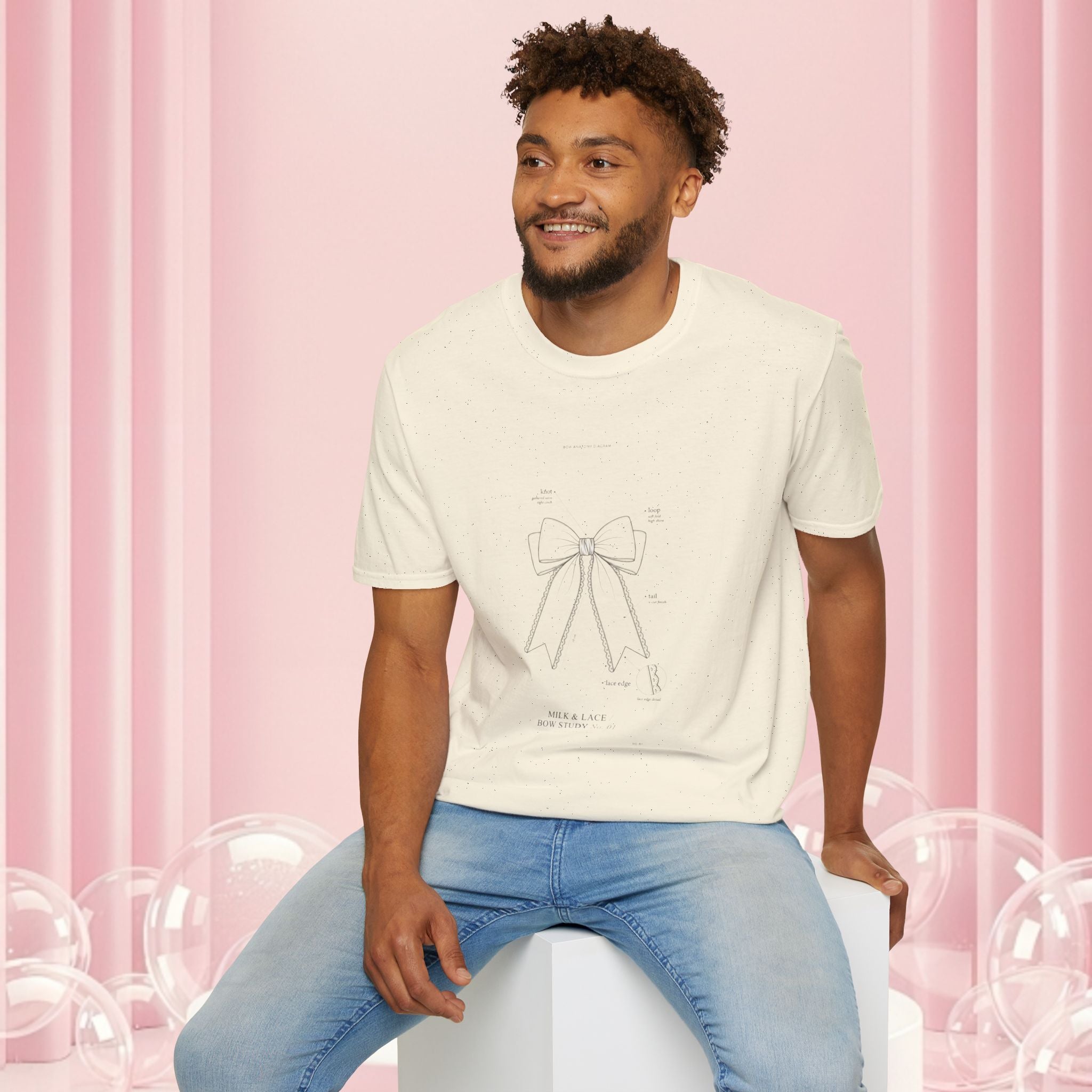 Minimal Bow Graphic T-Shirt — Delicate Ribbon Illustration with Subtle Back Text — Casual Feminine Tee