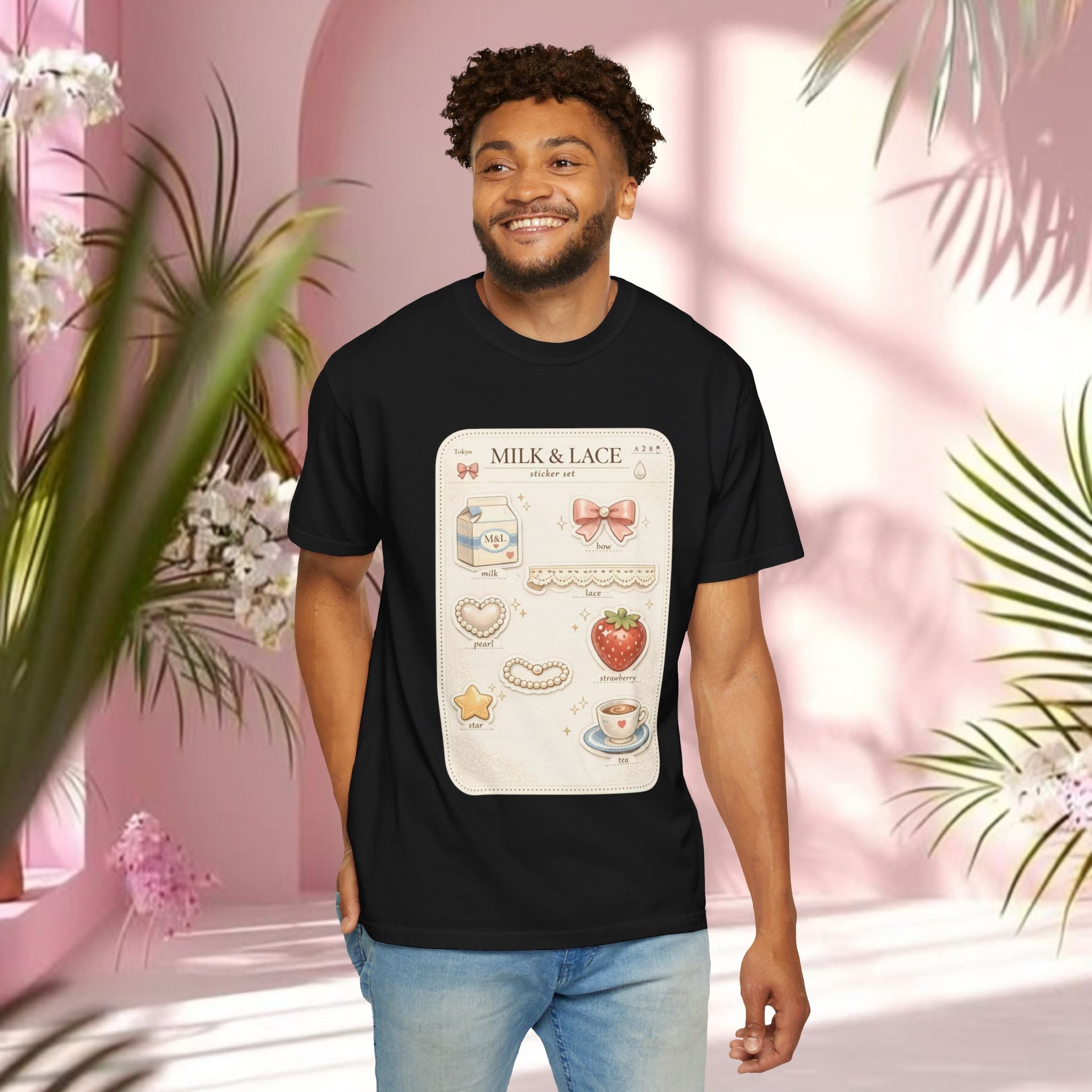 Milk & Lace Cute Pastel Sticker Tee — Strawberry Tea Graphic T-Shirt