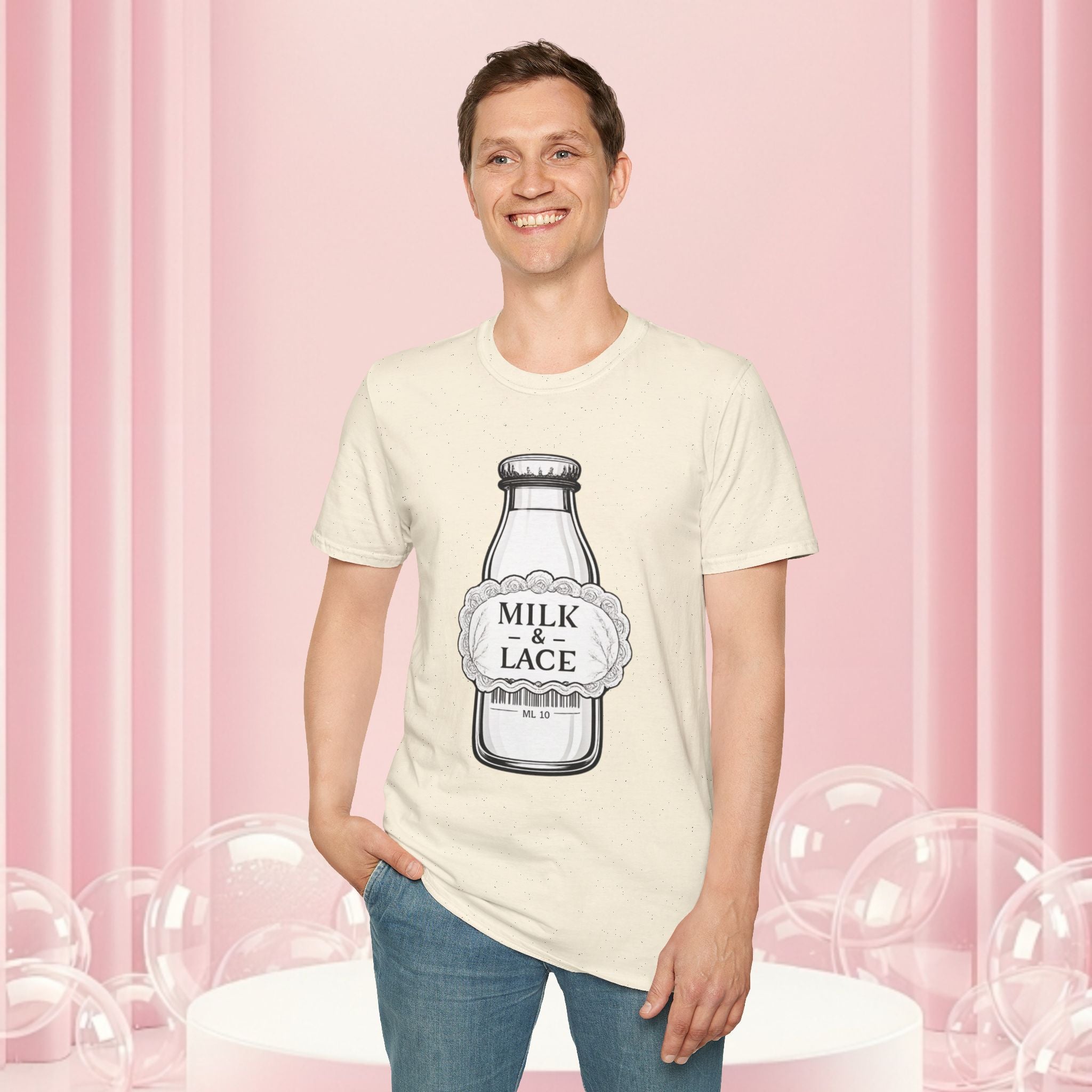 Milk & Lace T-Shirt — Vintage Milk Bottle Graphic with “Milk doesn't blush.” Back Text