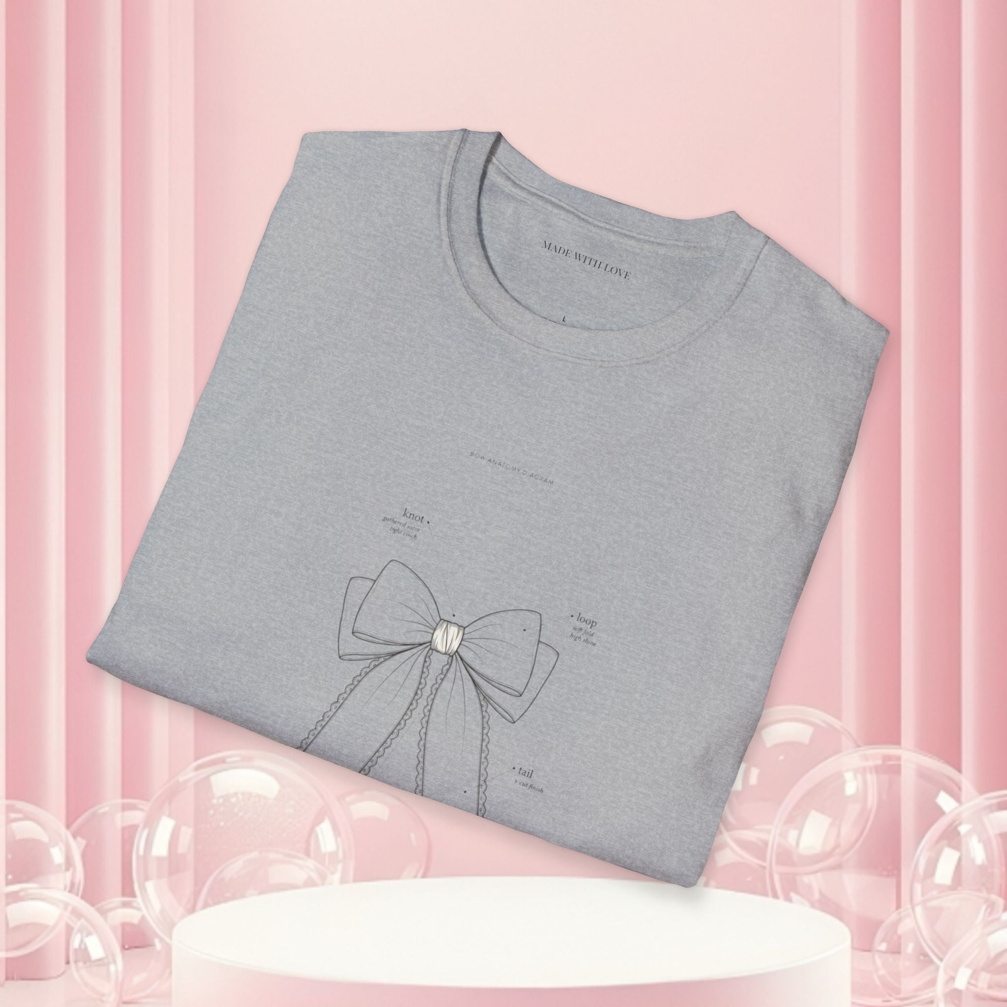 Minimal Bow Graphic T-Shirt — Delicate Ribbon Illustration with Subtle Back Text — Casual Feminine Tee