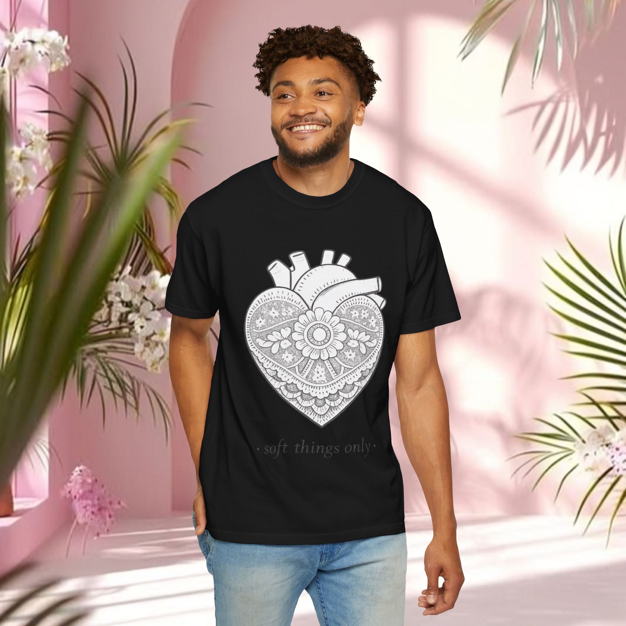 Lace Heart Anatomical Tee — "soft things only" Cotton T-Shirt