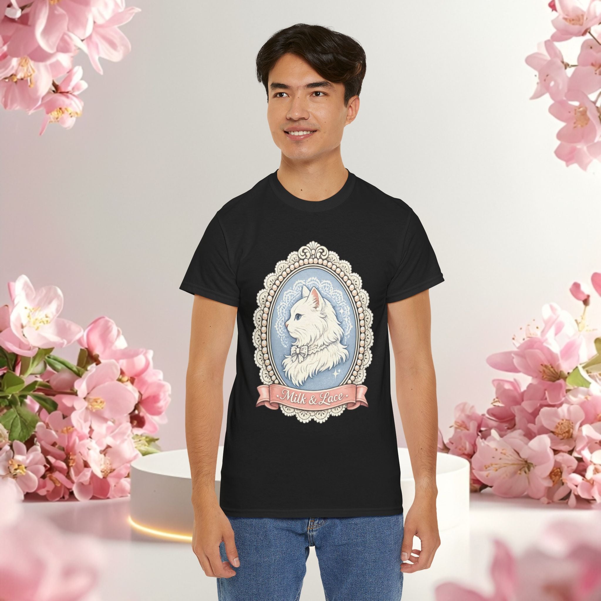 Cute Girly Cat T-Shirt — Soft Pastel Cat Graphic Tee for Cat Lovers