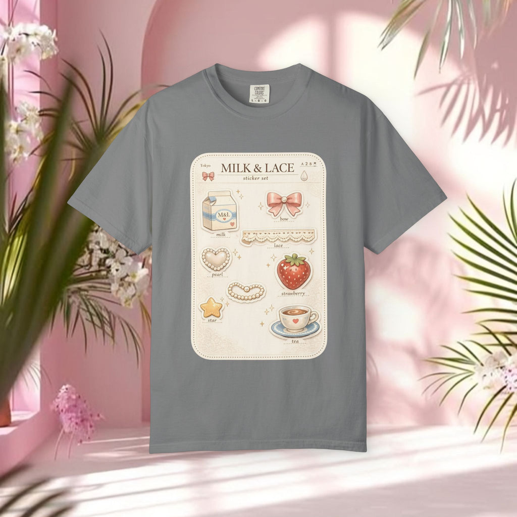 Milk & Lace Cute Pastel Sticker Tee — Strawberry Tea Graphic T-Shirt