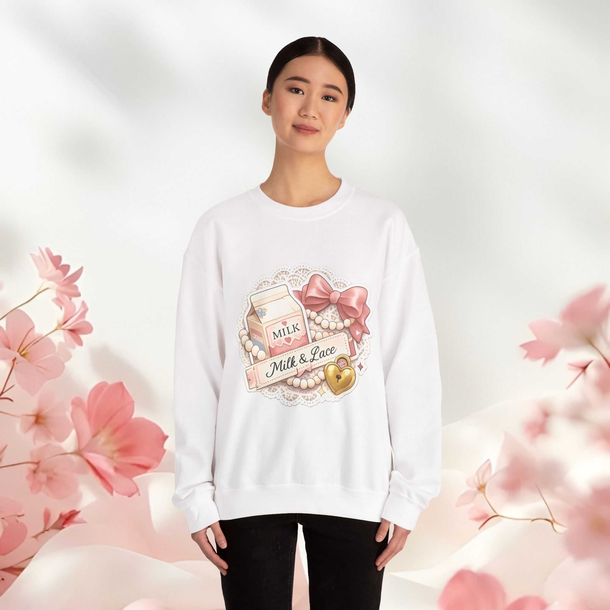 Milk & Lace Crewneck Sweatshirt — Cute Pastel Vintage Milk Carton Design