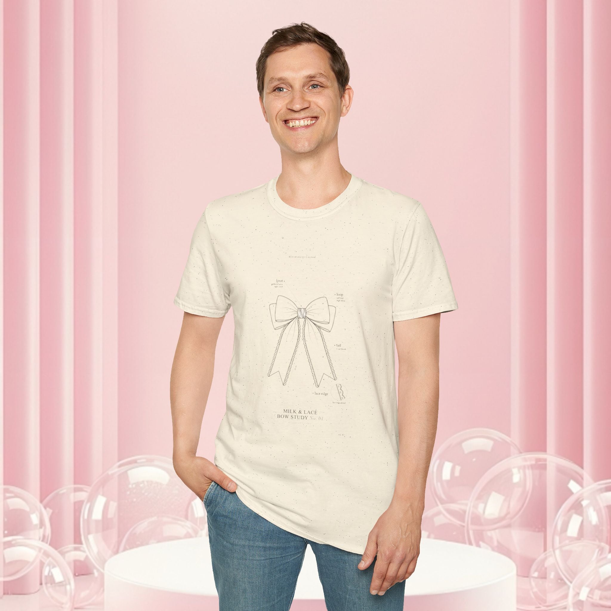 Minimal Bow Graphic T-Shirt — Delicate Ribbon Illustration with Subtle Back Text — Casual Feminine Tee