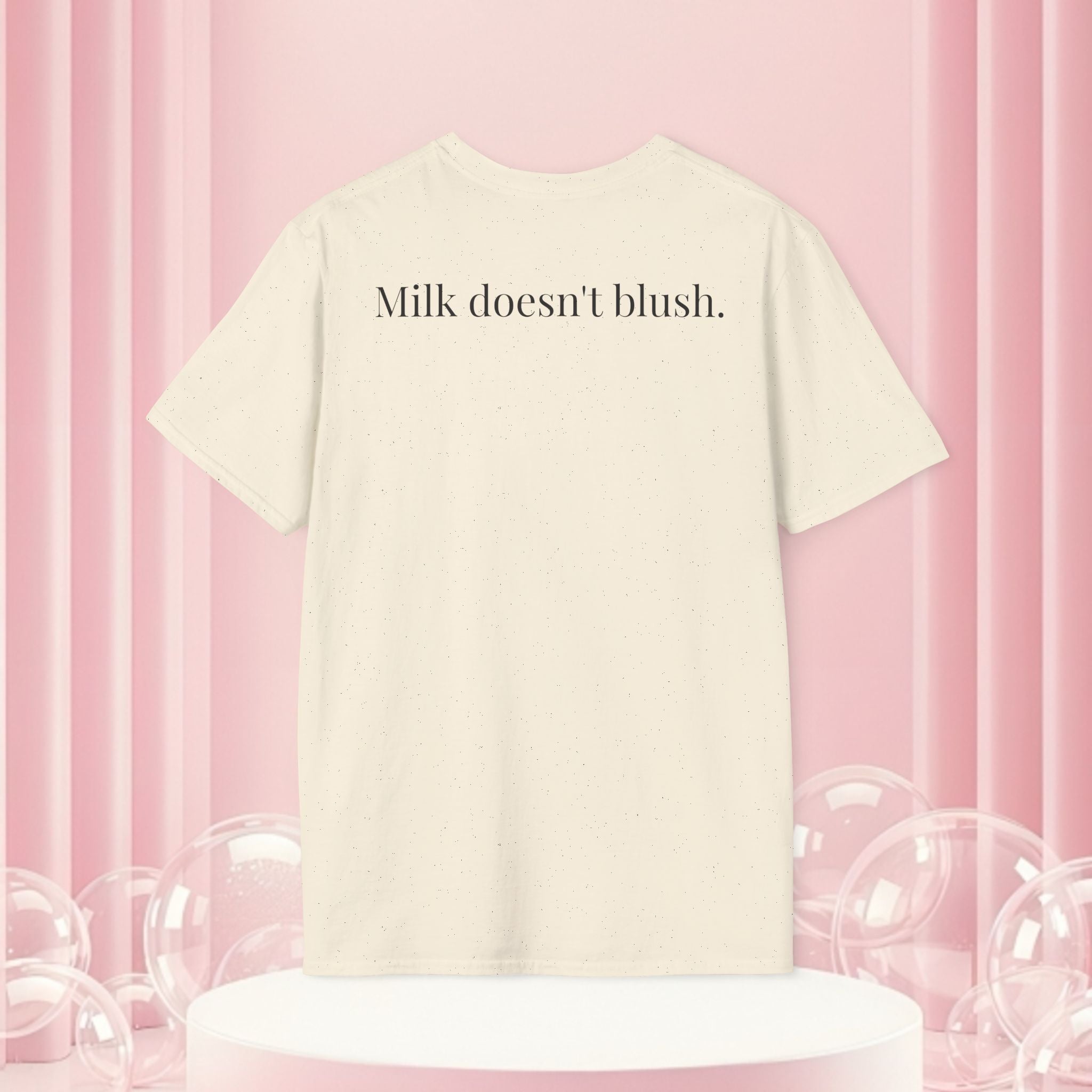 Milk & Lace T-Shirt — Vintage Milk Bottle Graphic with “Milk doesn't blush.” Back Text