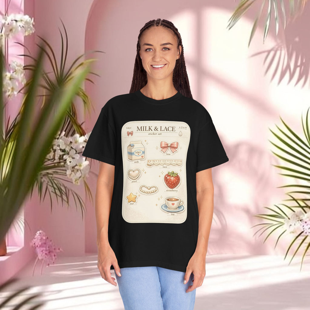 Milk & Lace Cute Pastel Sticker Tee — Strawberry Tea Graphic T-Shirt
