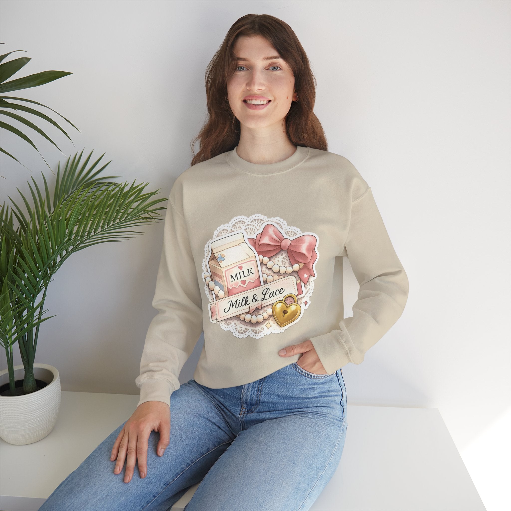 Milk & Lace Crewneck Sweatshirt — Cute Pastel Vintage Milk Carton Design