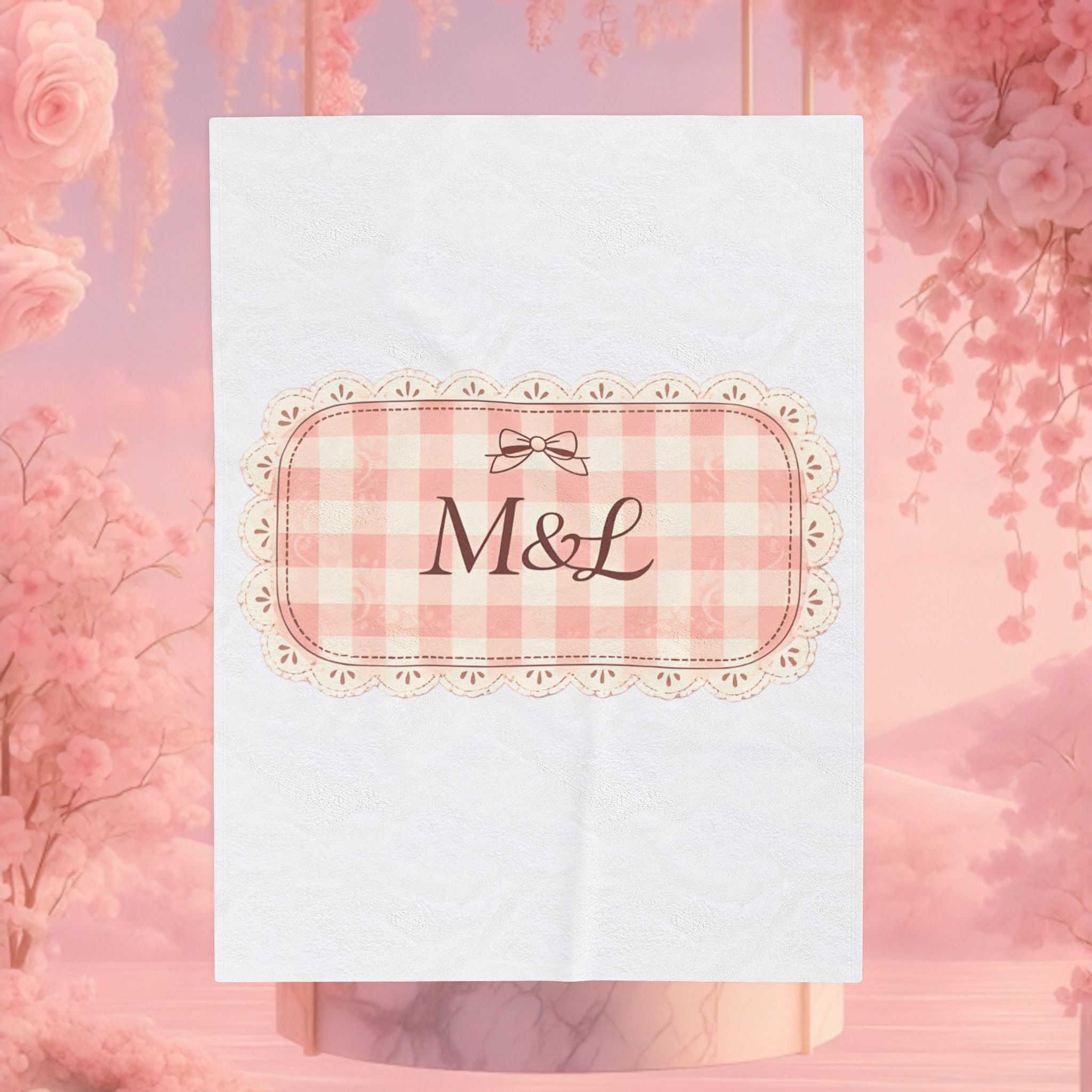 Pink Gingham Monogram Velveteen Plush Blanket