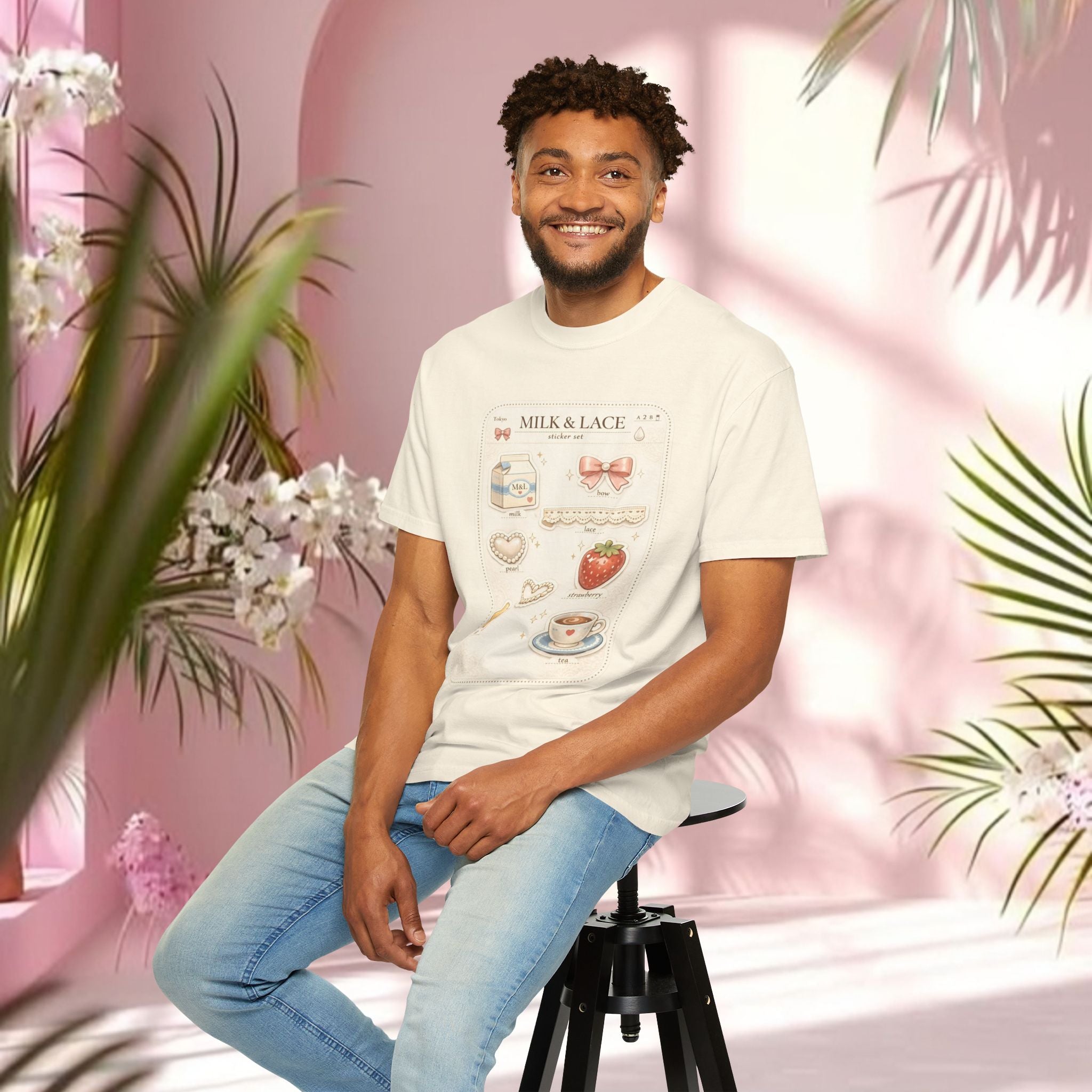 Milk & Lace Cute Pastel Sticker Tee — Strawberry Tea Graphic T-Shirt