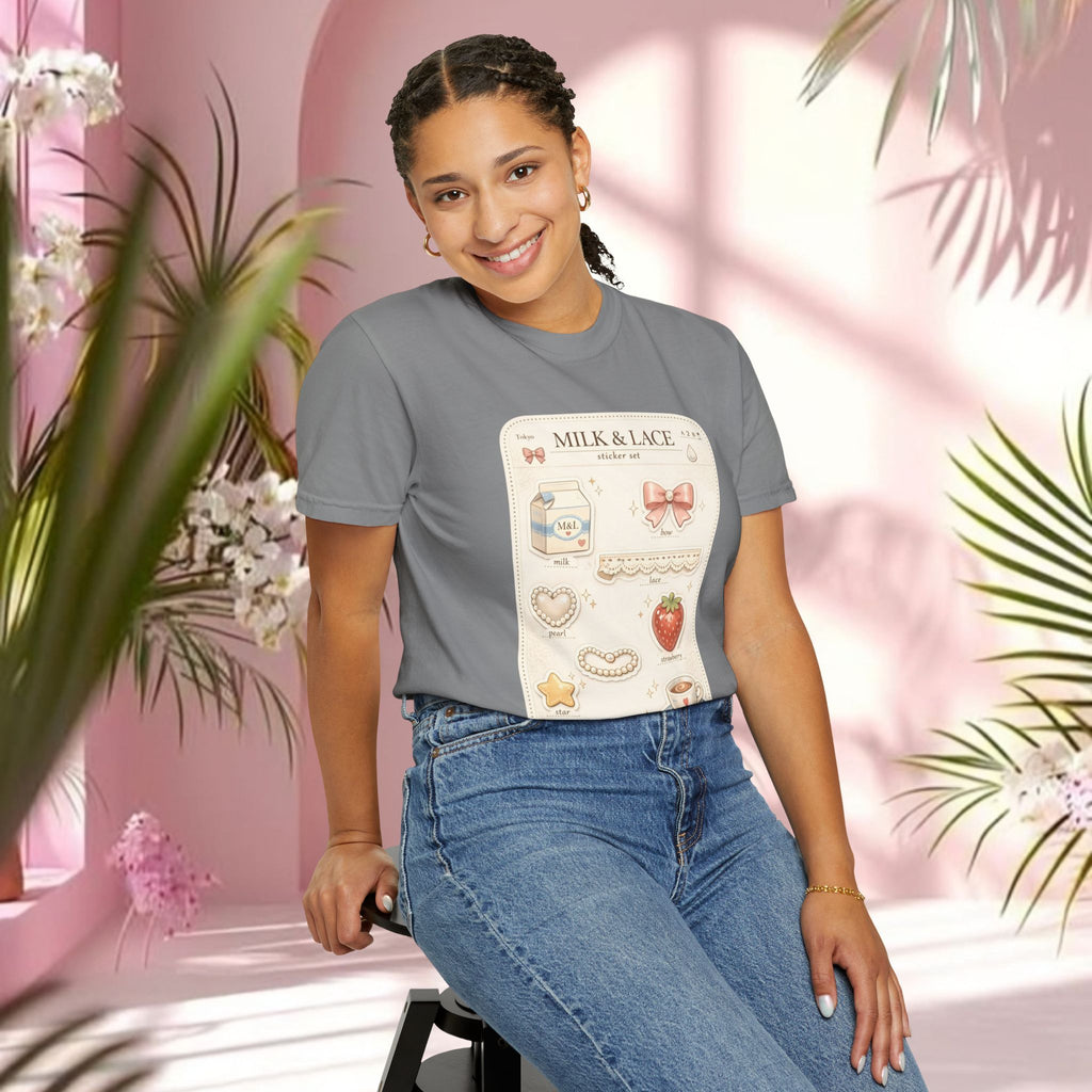 Milk & Lace Cute Pastel Sticker Tee — Strawberry Tea Graphic T-Shirt