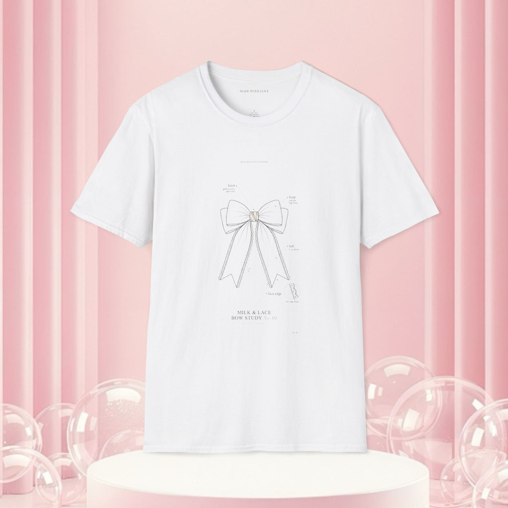 Minimal Bow Graphic T-Shirt — Delicate Ribbon Illustration with Subtle Back Text — Casual Feminine Tee