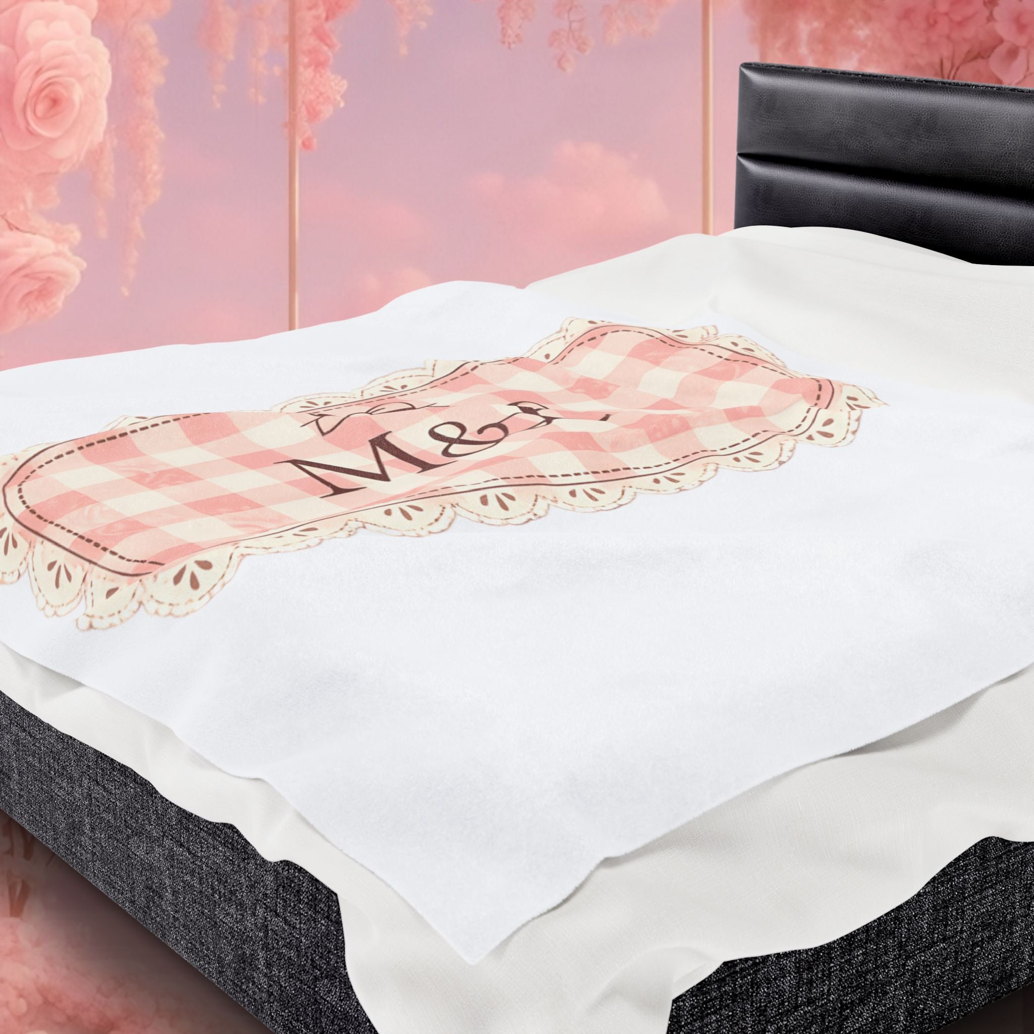 Pink Gingham Monogram Velveteen Plush Blanket