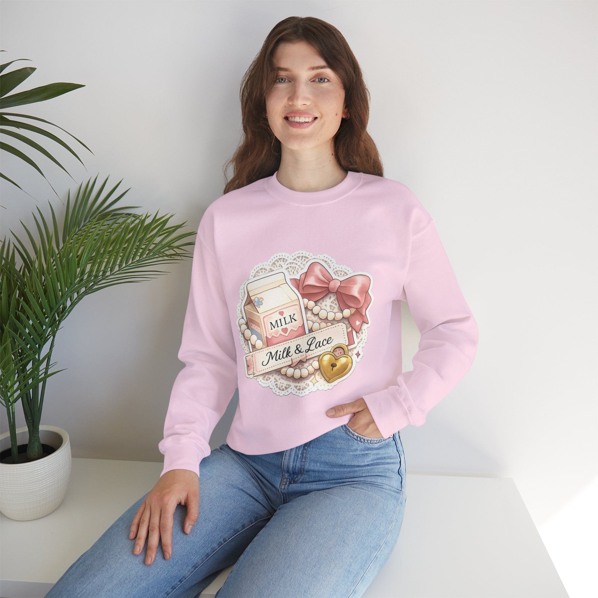 Milk & Lace Crewneck Sweatshirt — Cute Pastel Vintage Milk Carton Design