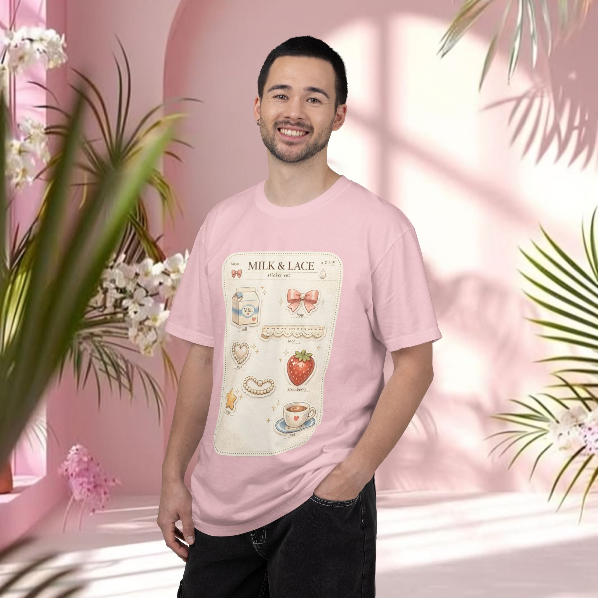 Milk & Lace Cute Pastel Sticker Tee — Strawberry Tea Graphic T-Shirt