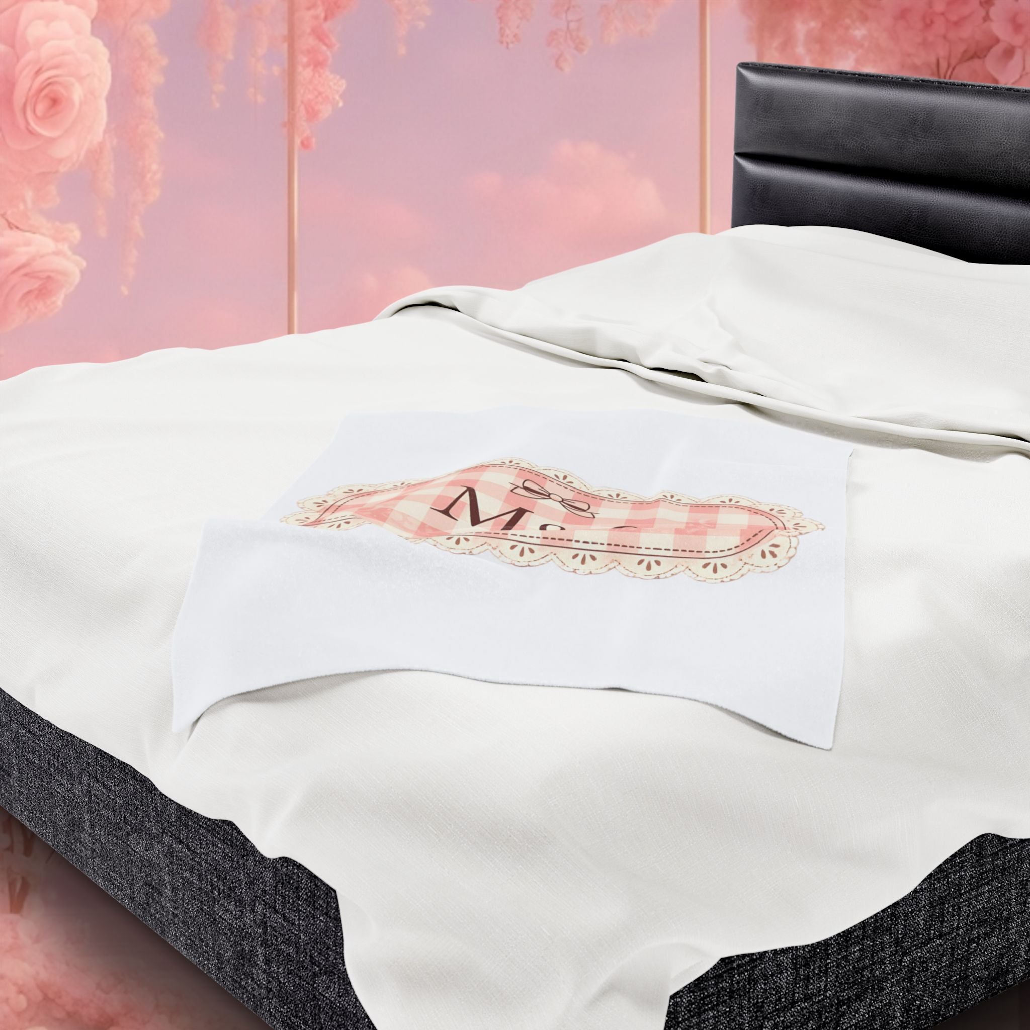 Pink Gingham Monogram Velveteen Plush Blanket