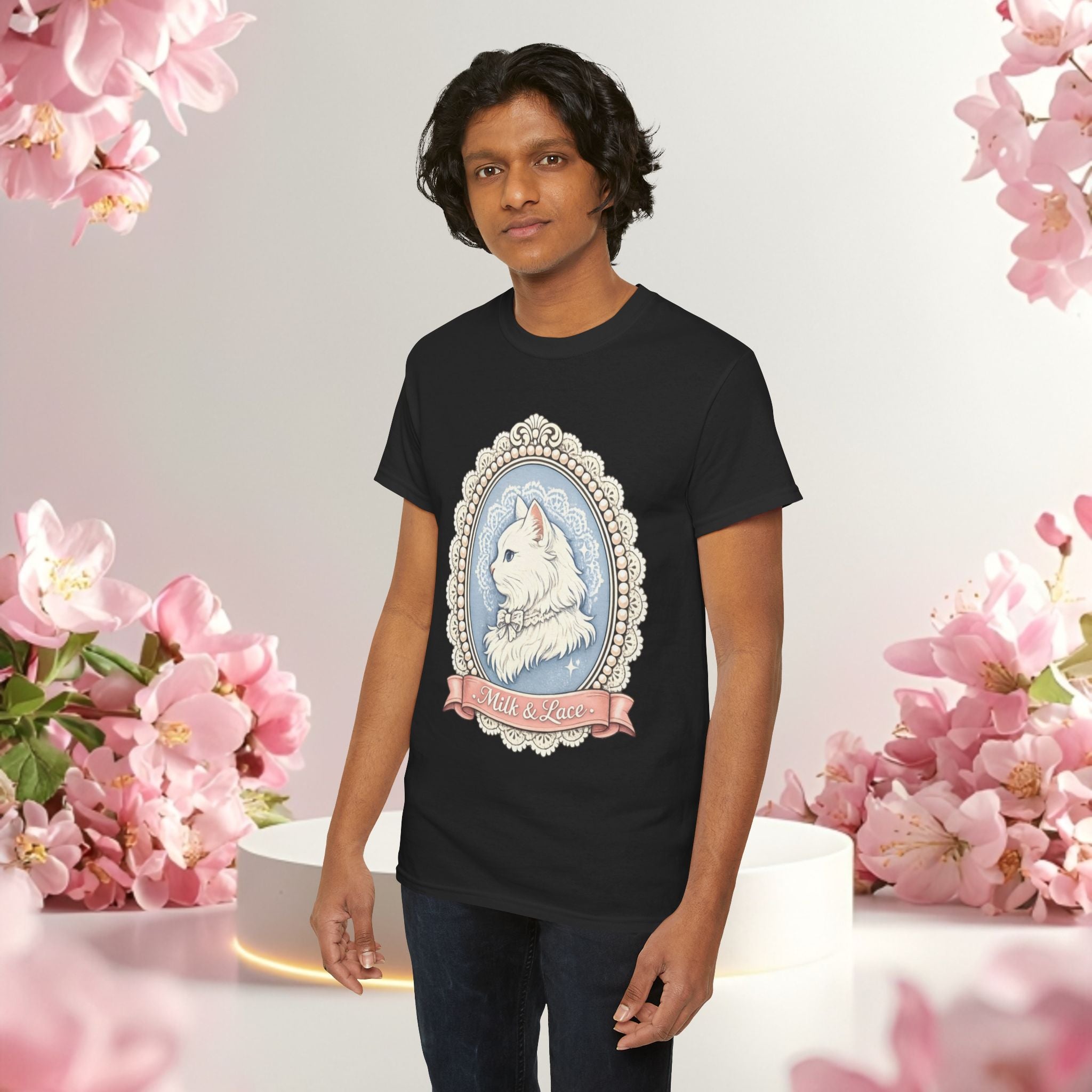 Cute Girly Cat T-Shirt — Soft Pastel Cat Graphic Tee for Cat Lovers