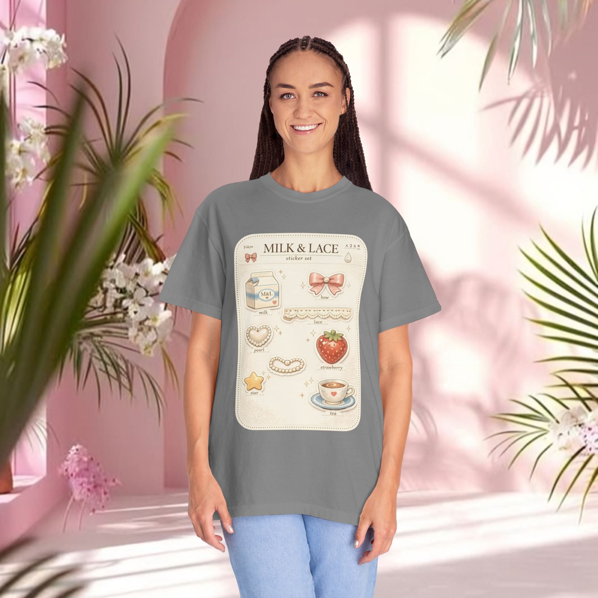 Milk & Lace Cute Pastel Sticker Tee — Strawberry Tea Graphic T-Shirt