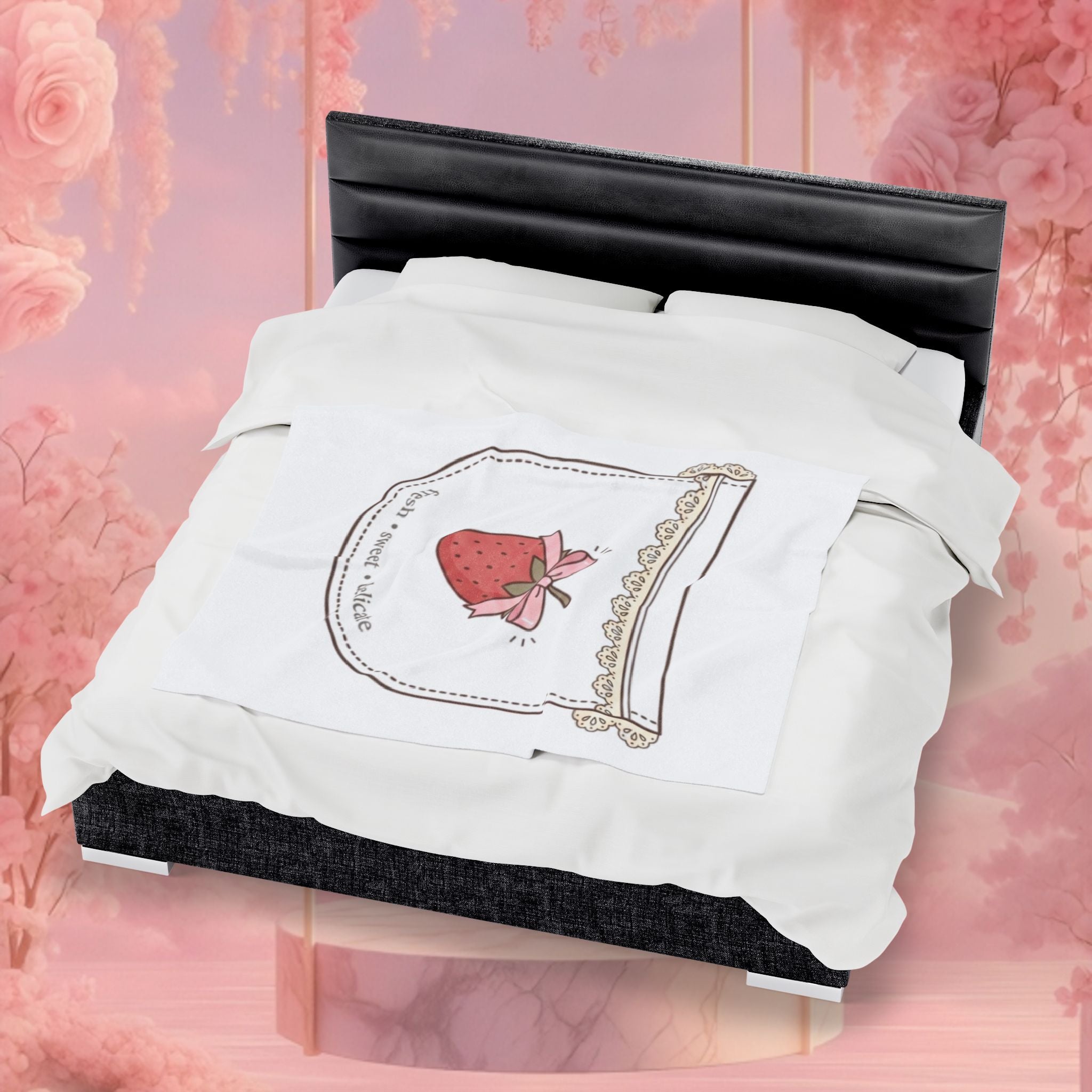 Strawberry Whimsy Velveteen Plush Blanket — Gentle, Whimsical Strawberry Design