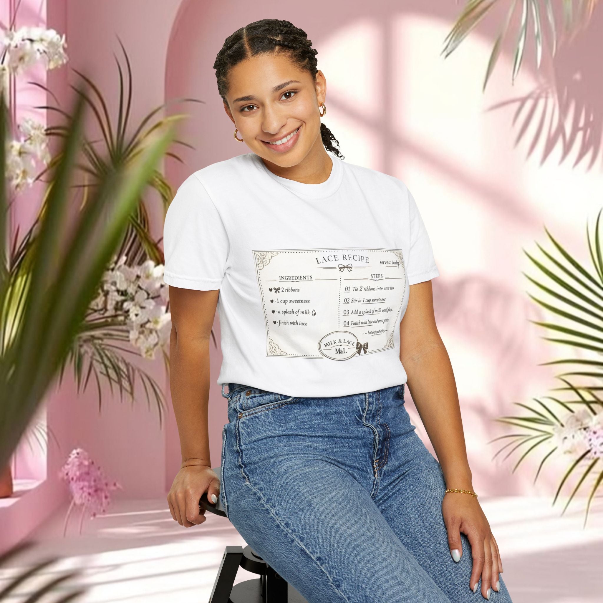 Lace Recipe Graphic T‑Shirt — “sweet + soft + delicate” Vintage Recipe Tee