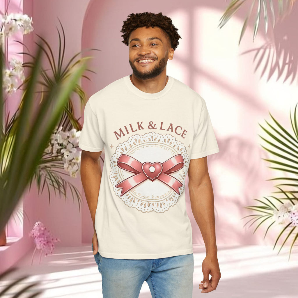 Milk & Lace Graphic T-Shirt — 'Soft Things Only' Romantic Bow Tee