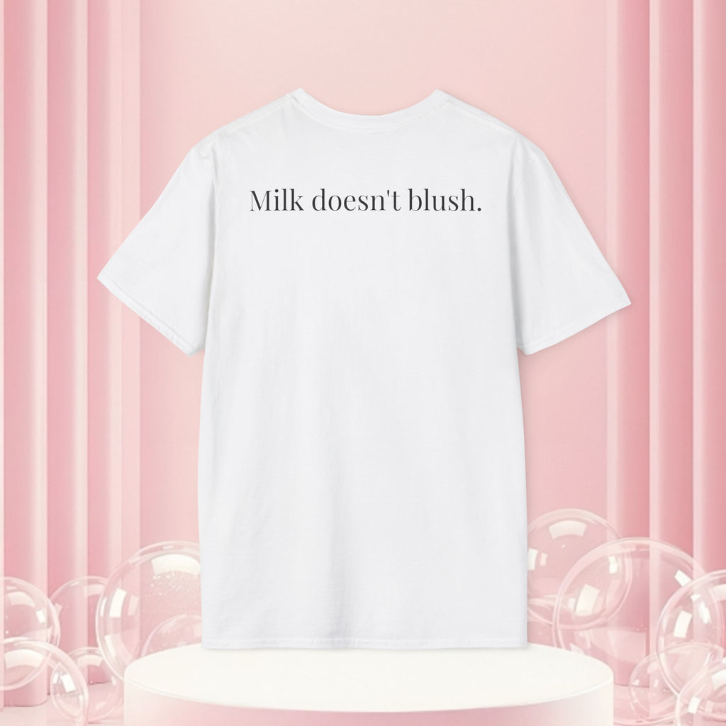Milk & Lace T-Shirt — Vintage Milk Bottle Graphic with “Milk doesn't blush.” Back Text