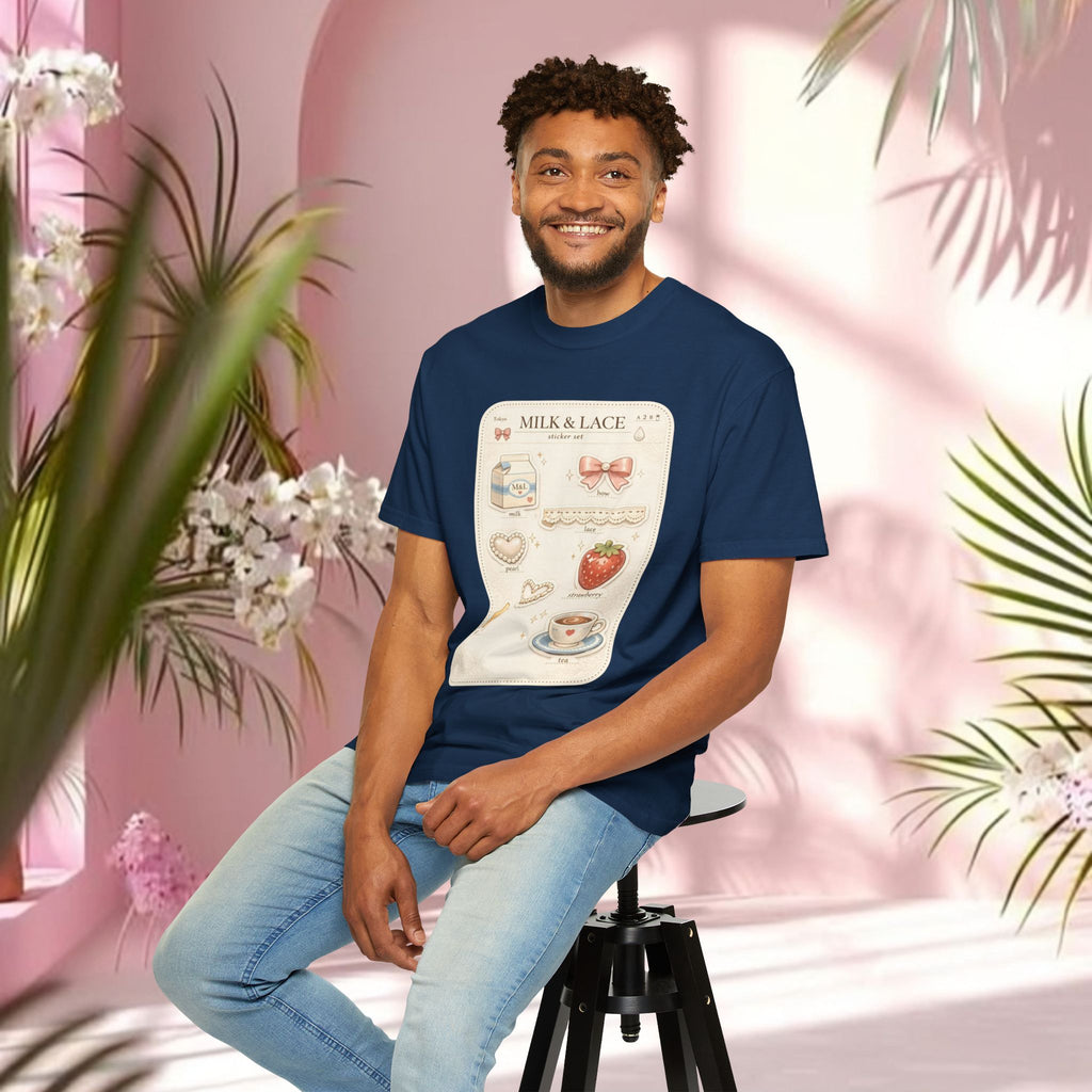 Milk & Lace Cute Pastel Sticker Tee — Strawberry Tea Graphic T-Shirt