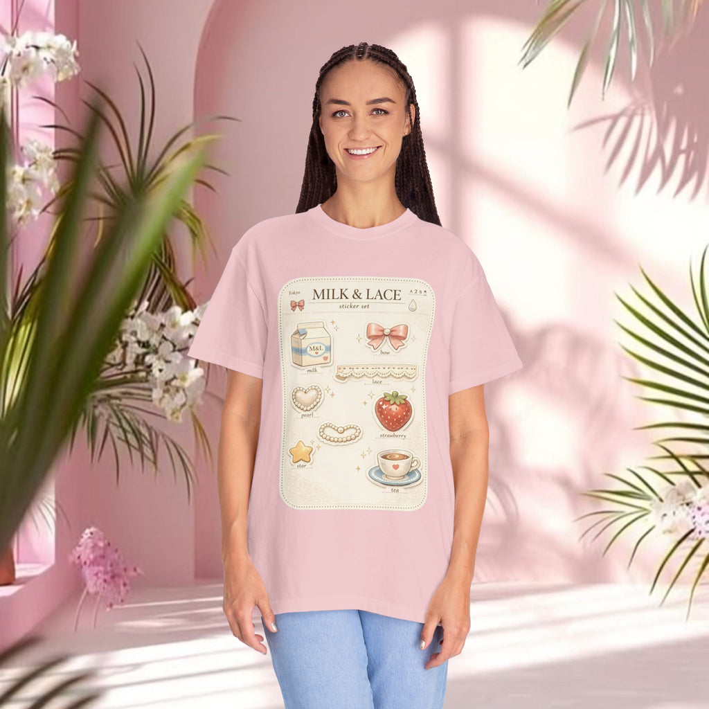 Milk & Lace Cute Pastel Sticker Tee — Strawberry Tea Graphic T-Shirt