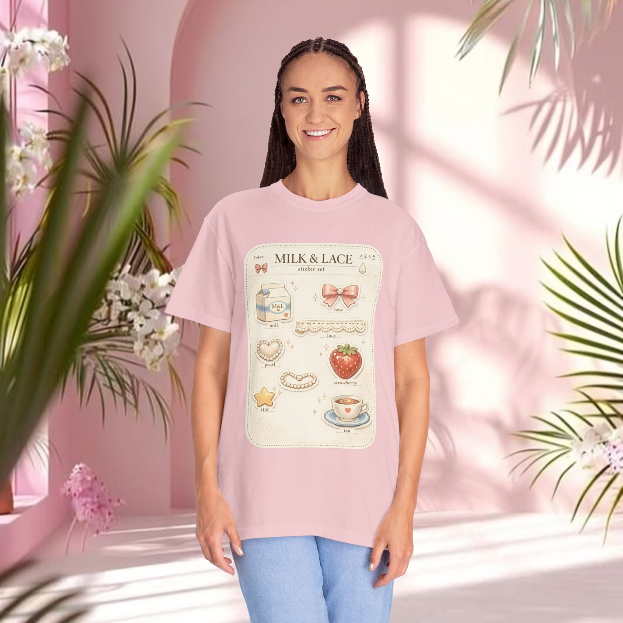 Milk & Lace Cute Pastel Sticker Tee — Strawberry Tea Graphic T-Shirt