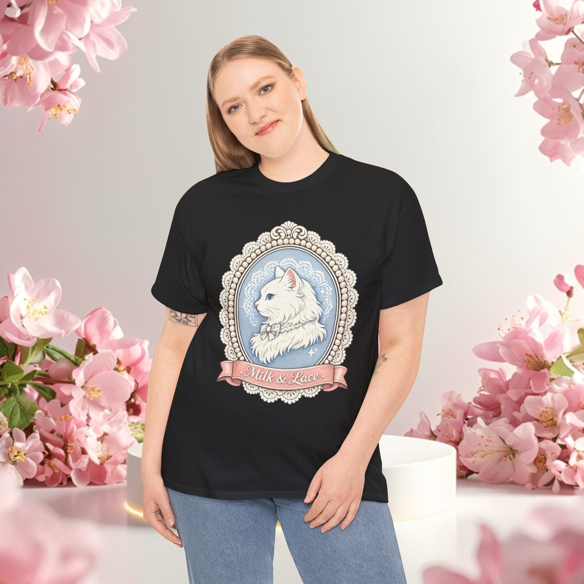 Cute Girly Cat T-Shirt — Soft Pastel Cat Graphic Tee for Cat Lovers